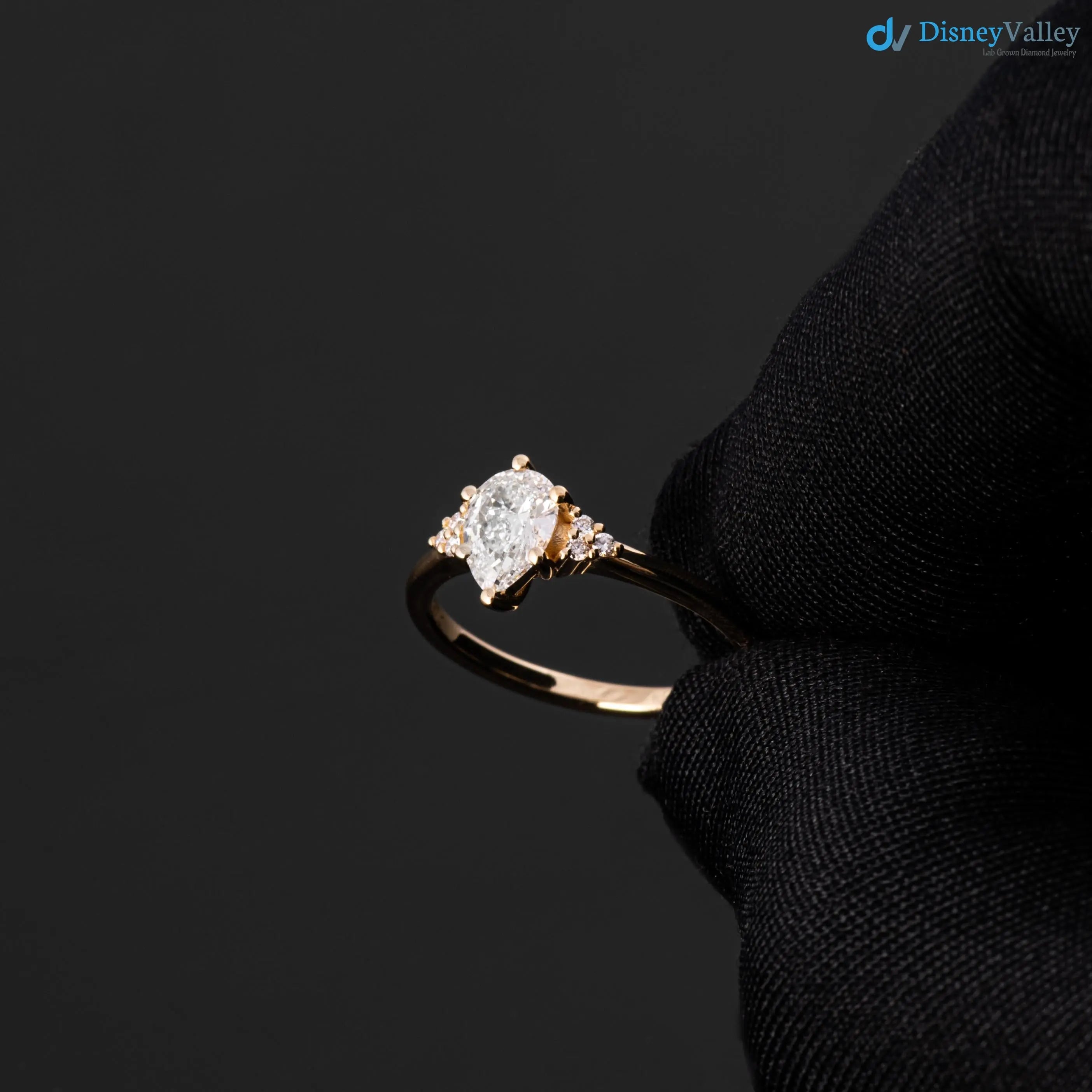 Solid Gold Pear lab grown Diamond Engagement Ring with Side Diamonds - DisneyValley