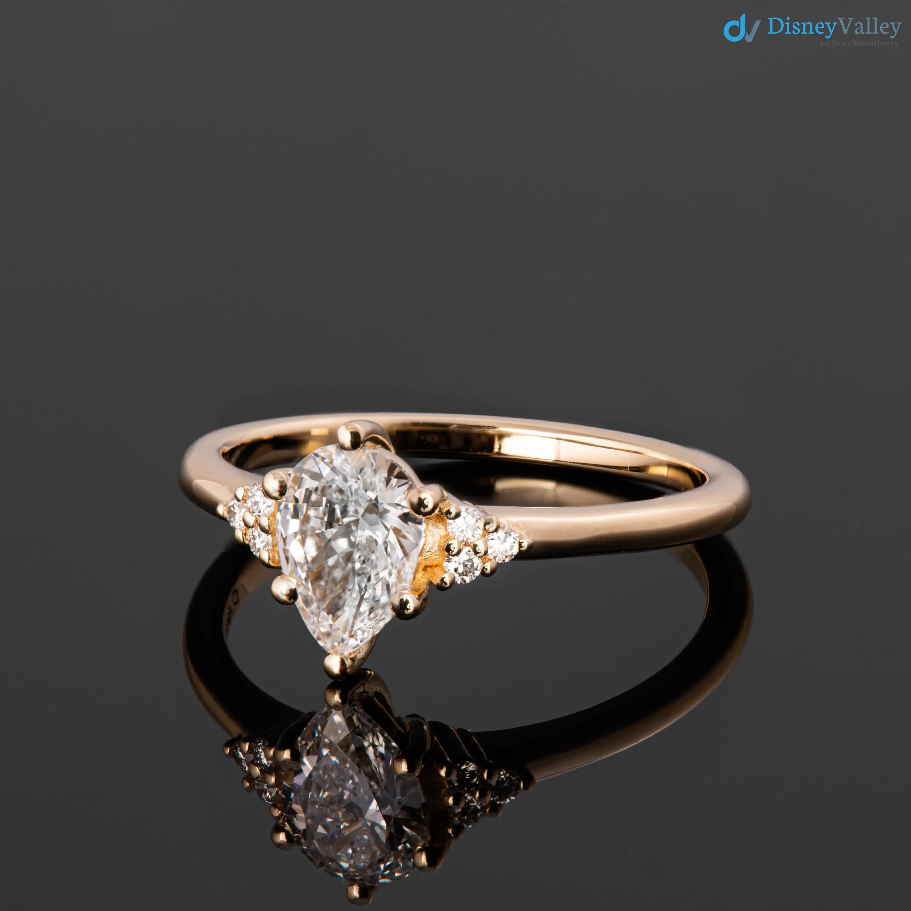 Solid Gold Pear lab grown Diamond Engagement Ring with Side Diamonds - DisneyValley
