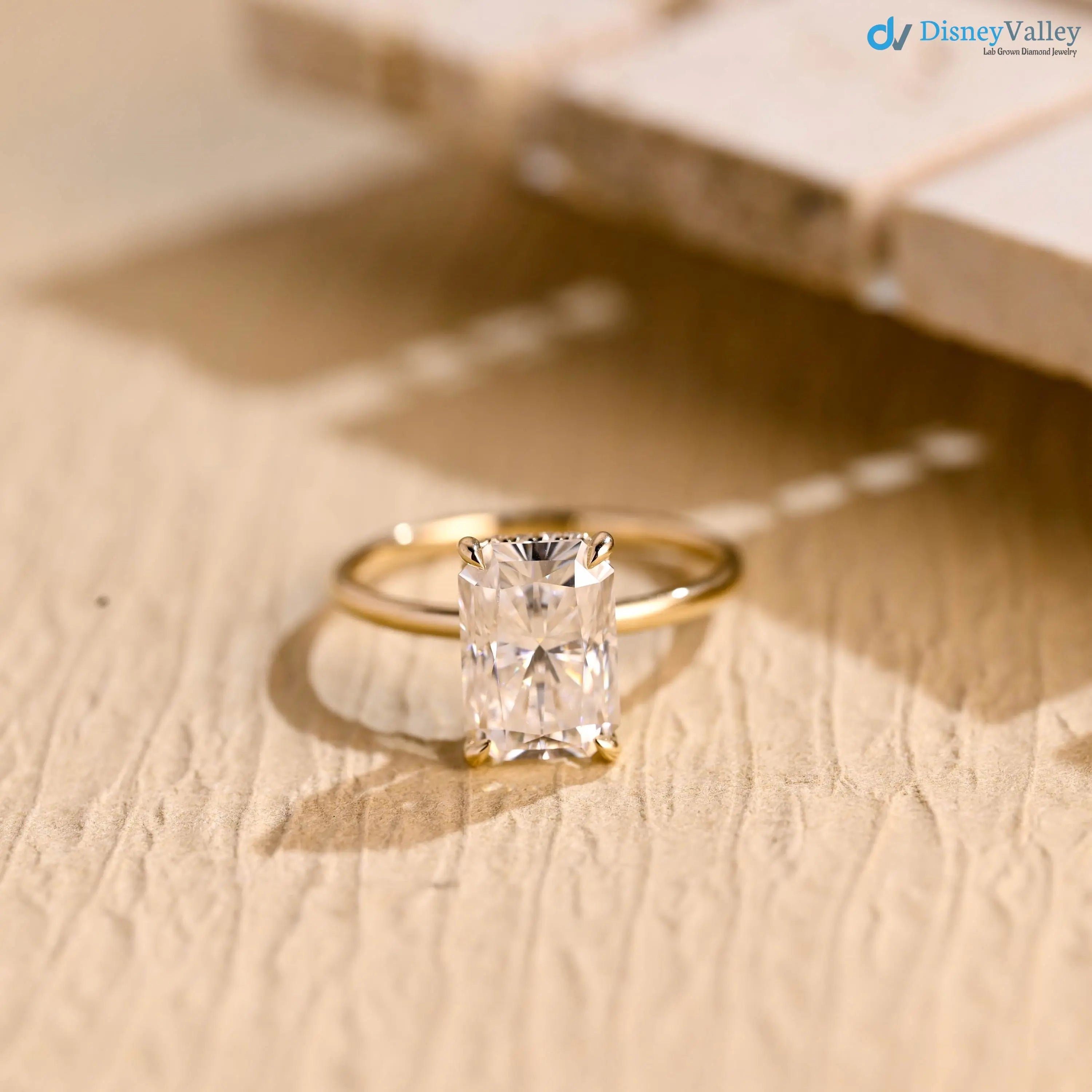 Solid Gold Radiant Cut Lab Grown Hidden Halo Engagement Ring DisneyValley