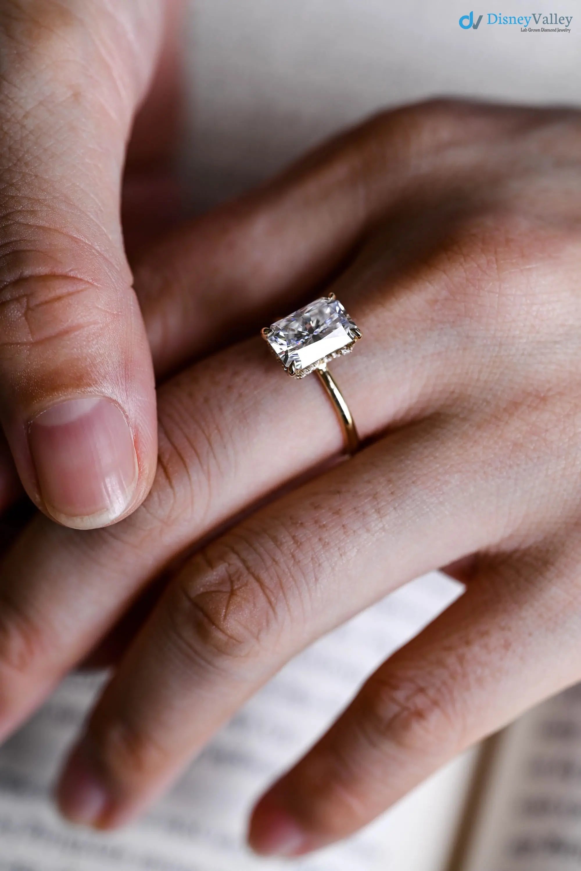 Solid Gold Radiant Cut Lab Grown Hidden Halo Engagement Ring DisneyValley