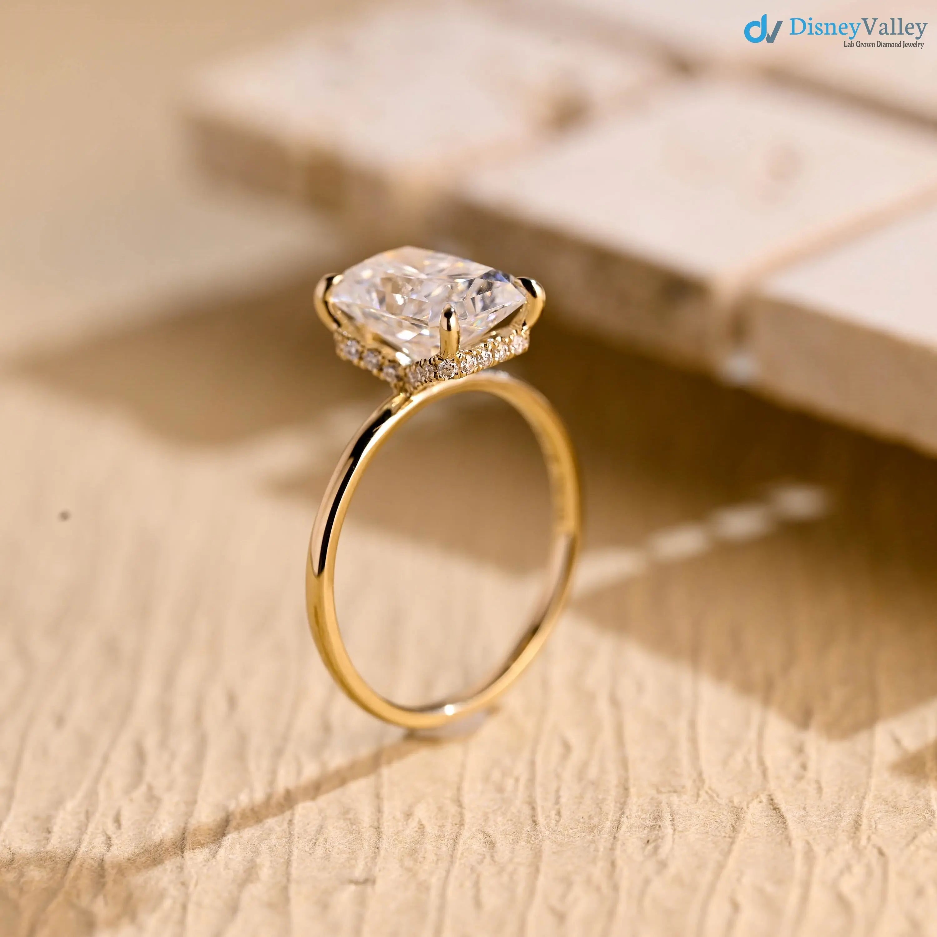 Solid Gold Radiant Cut Lab Grown Hidden Halo Engagement Ring DisneyValley
