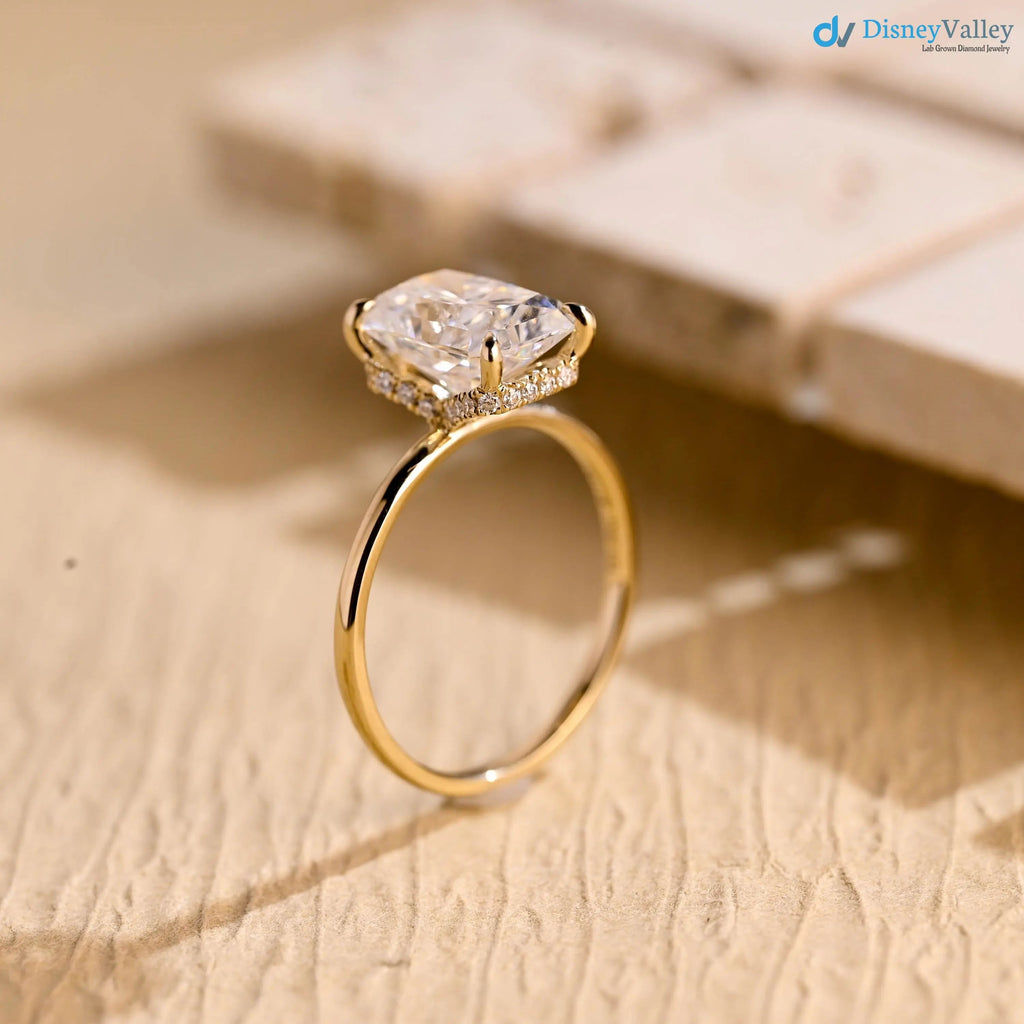 Solid Gold Radiant Cut Lab Grown Hidden Halo Engagement Ring DisneyValley