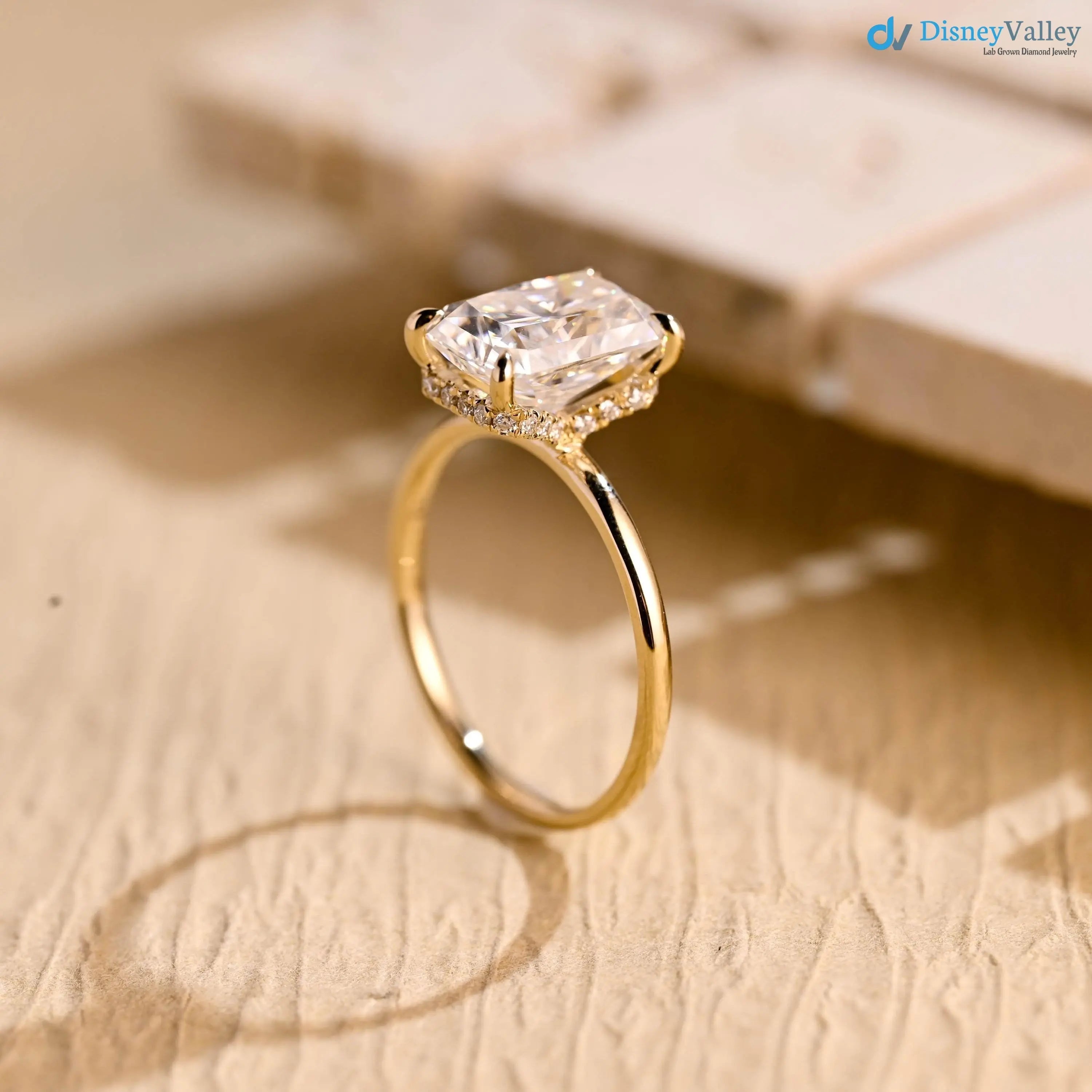 Solid Gold Radiant Cut Lab Grown Hidden Halo Engagement Ring DisneyValley