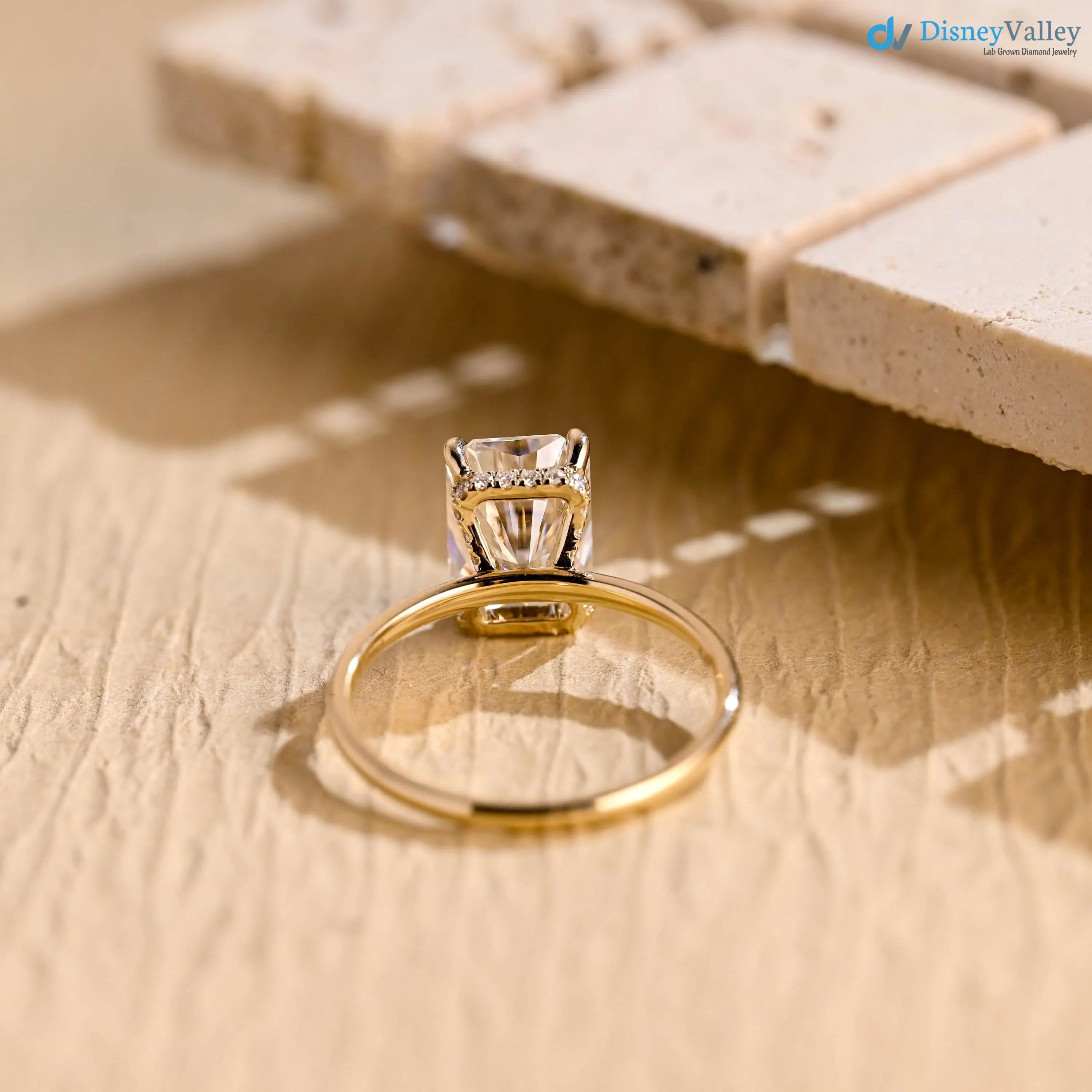 Solid Gold Radiant Cut Lab Grown Hidden Halo Engagement Ring DisneyValley