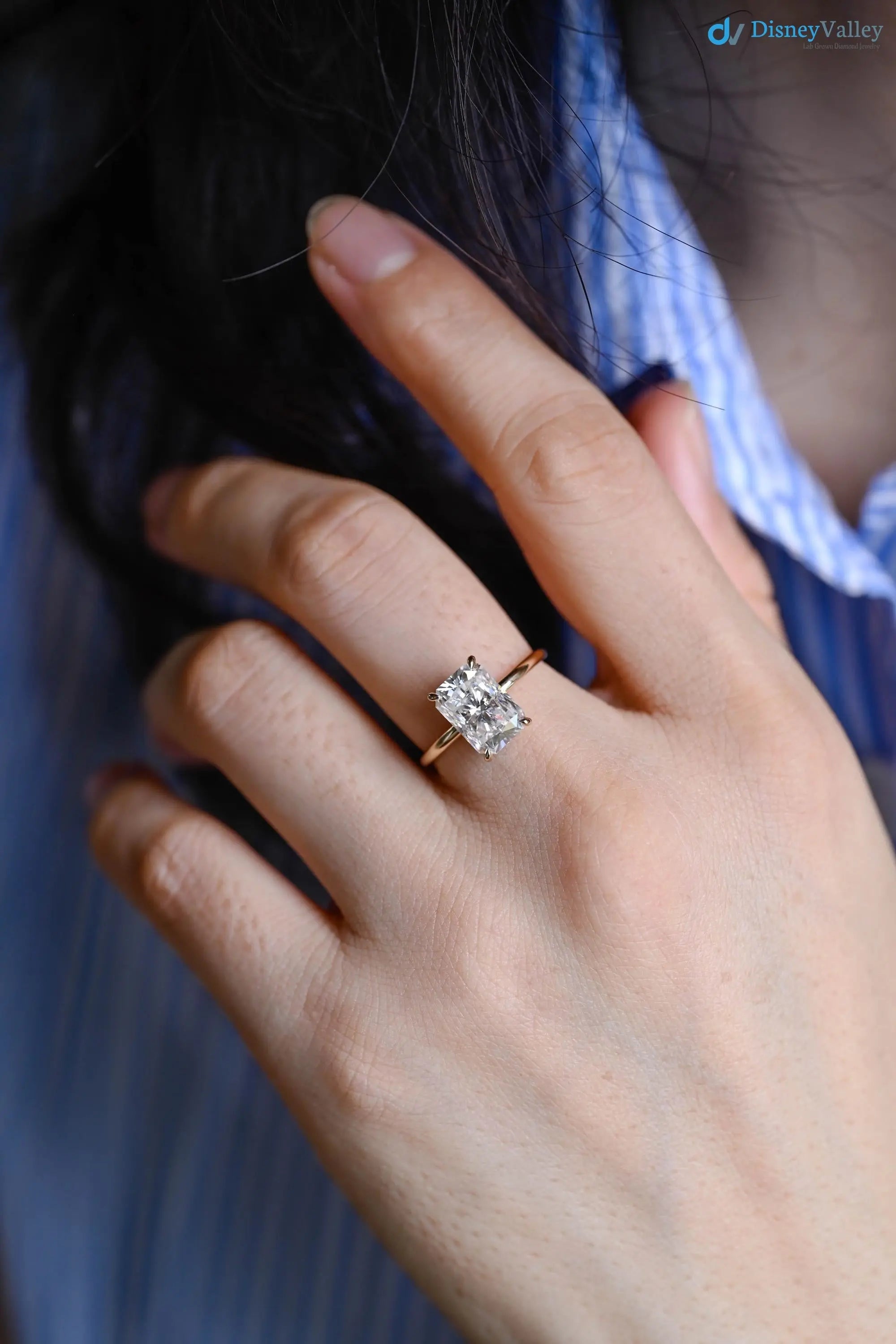 Solid Gold Radiant Cut Lab Grown Hidden Halo Engagement Ring DisneyValley