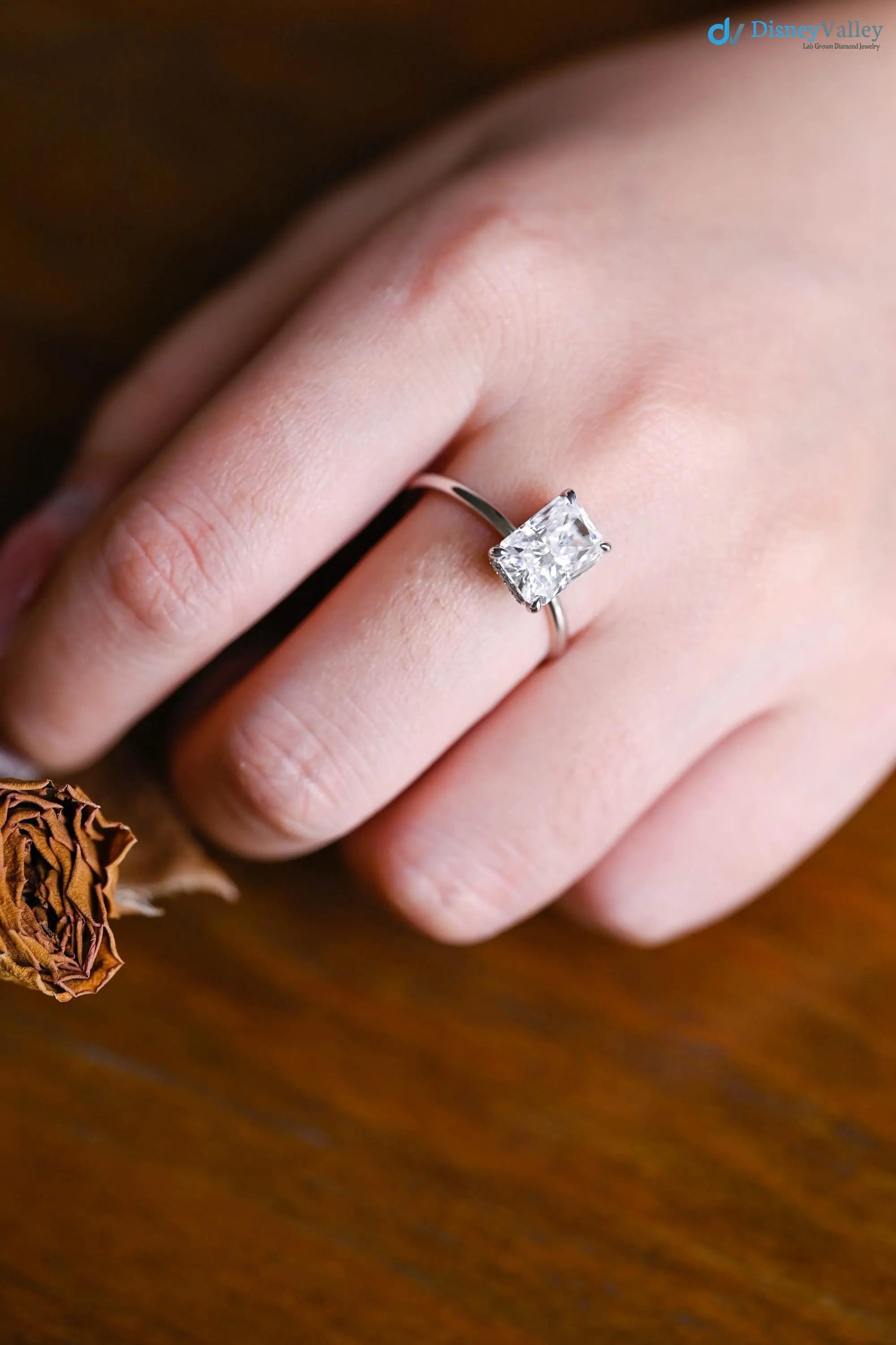 Solid Gold Radiant Cut Lab Grown Hidden Halo Engagement Ring DisneyValley