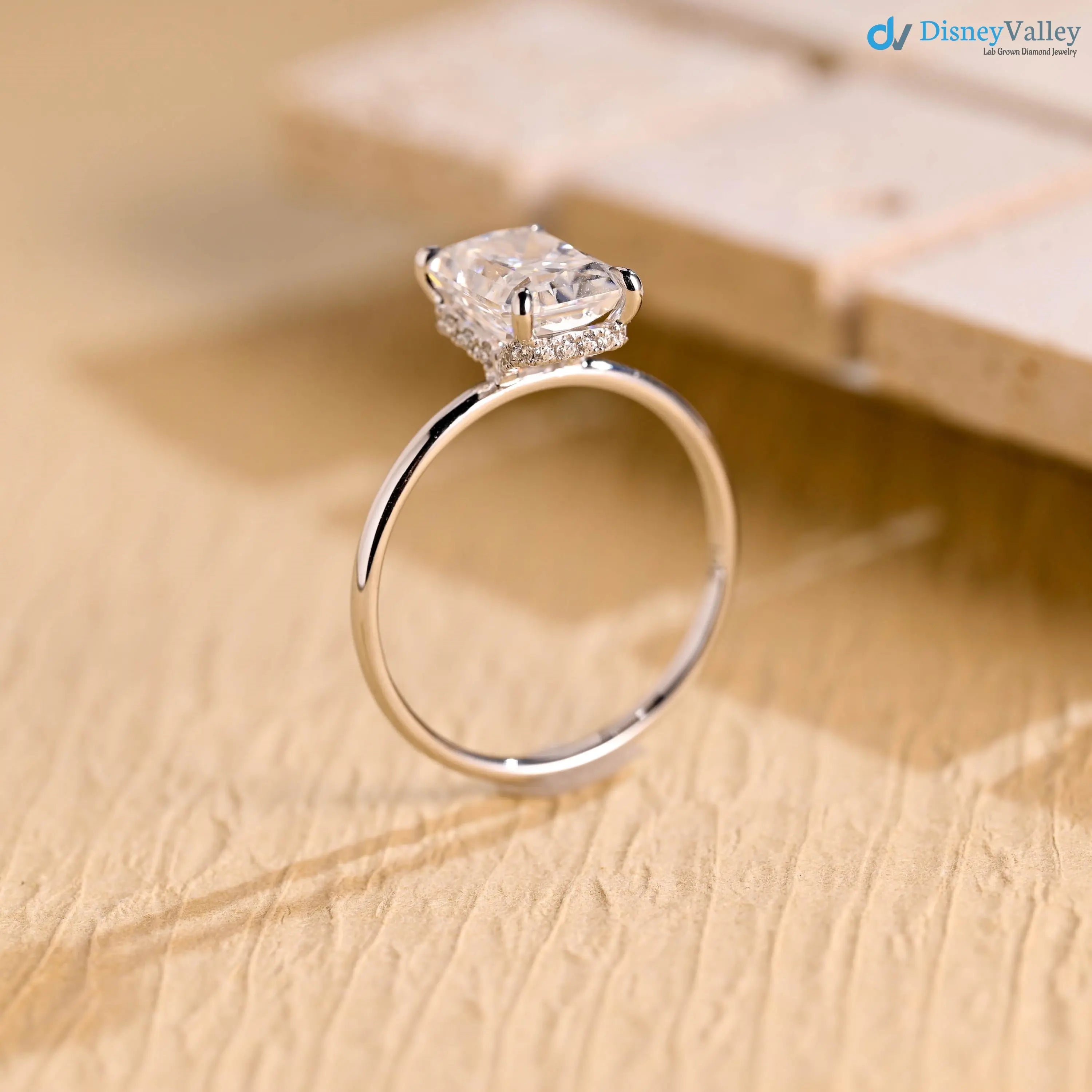 Solid Gold Radiant Cut Lab Grown Hidden Halo Engagement Ring DisneyValley