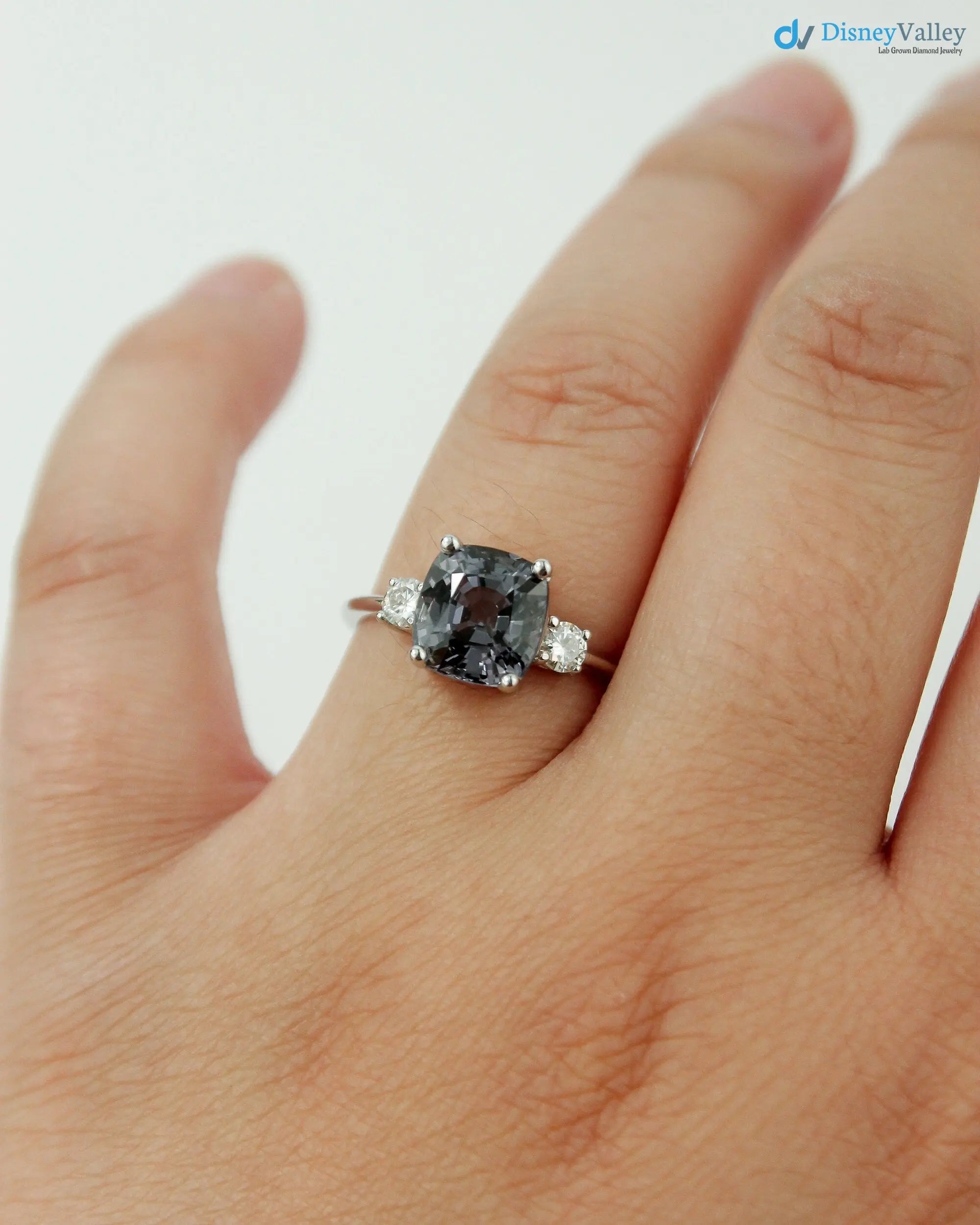 Solid Gold dark Grey Lab Grown 3 Stone Engagement Ring - DisneyValley