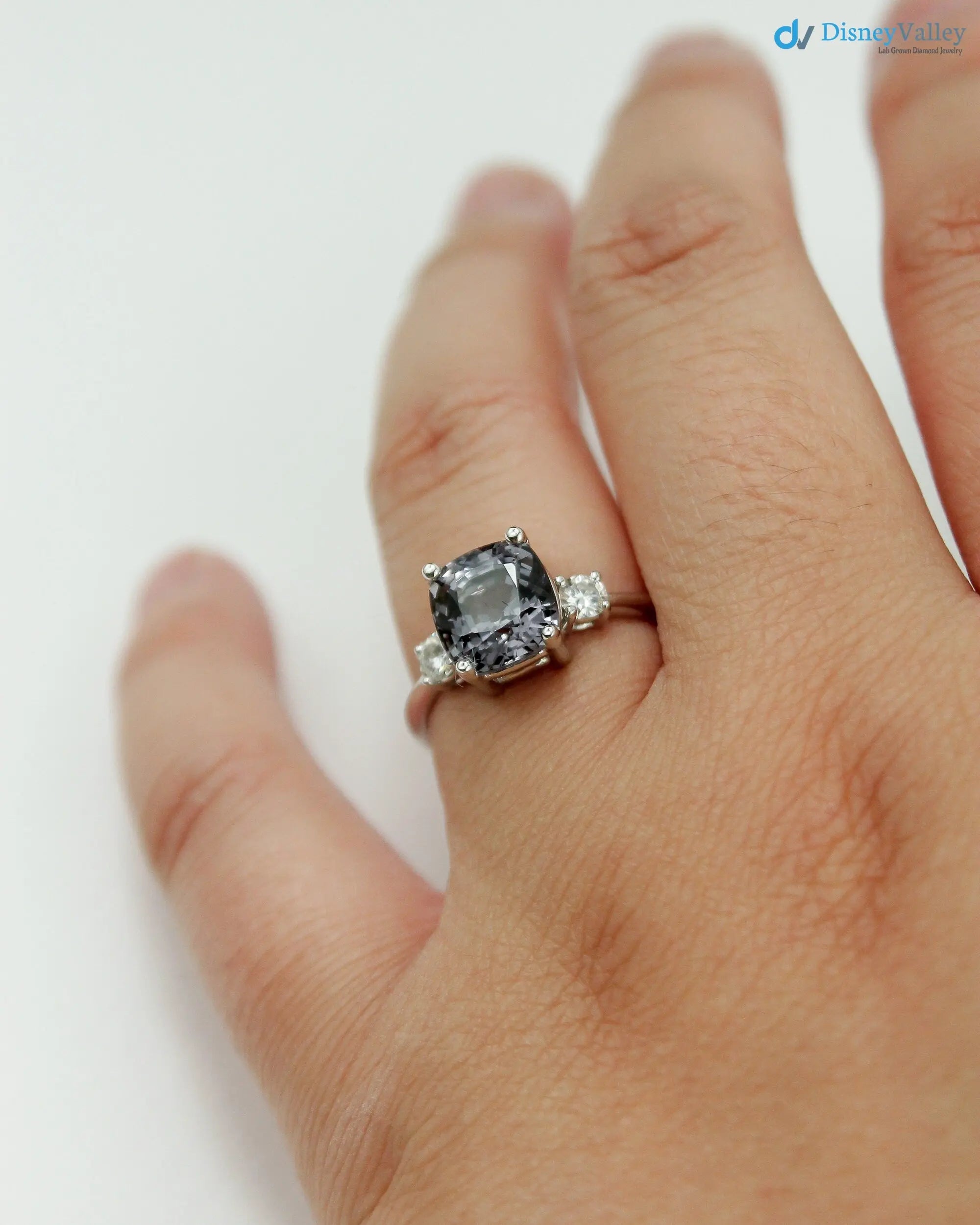 Solid Gold dark Grey Lab Grown 3 Stone Engagement Ring - DisneyValley
