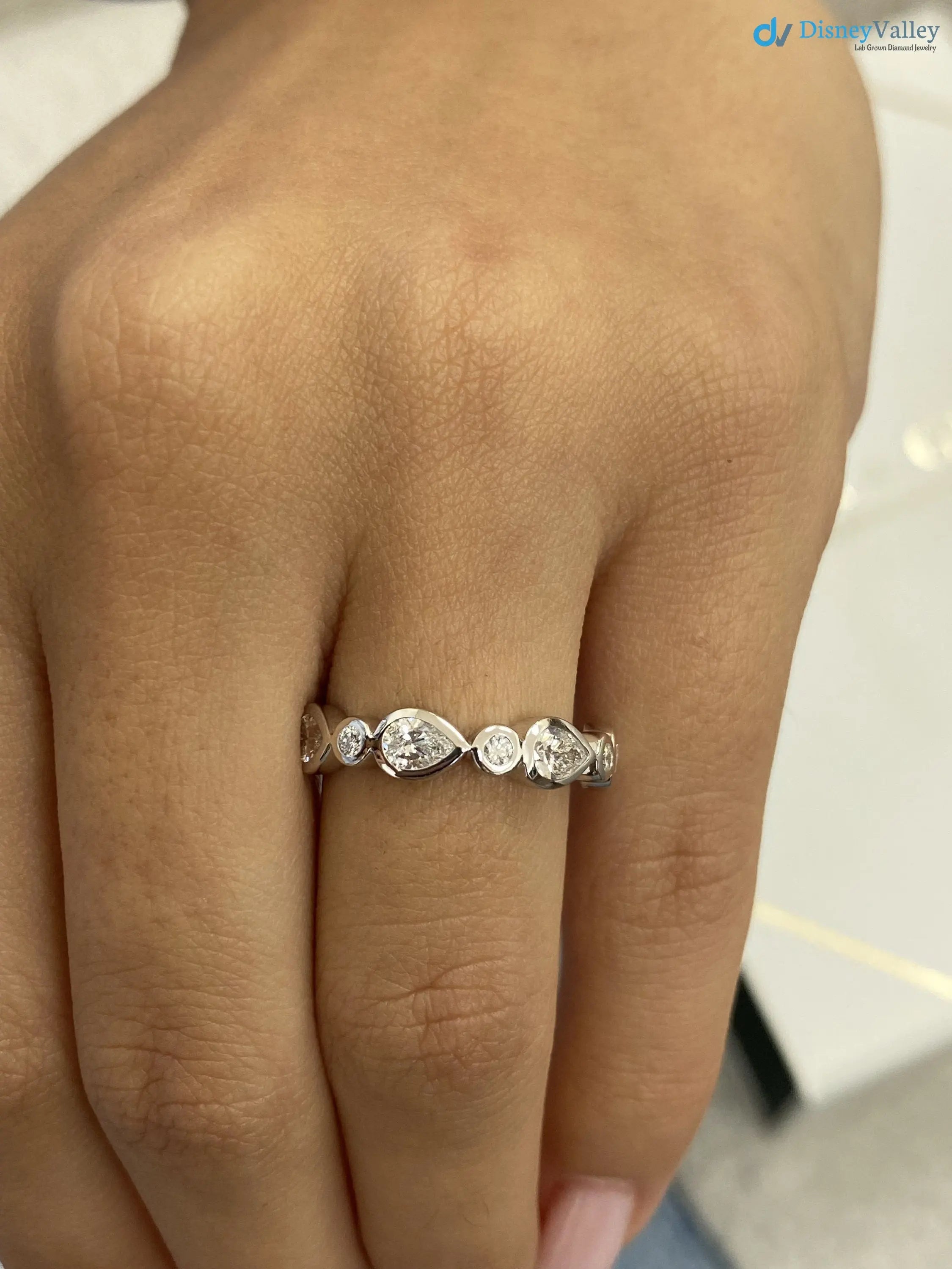 Solid White Gold Stackable Sparkling 0.79 Carat Pear and Round Cut Pave Set wedding ring - DisneyValley Main image