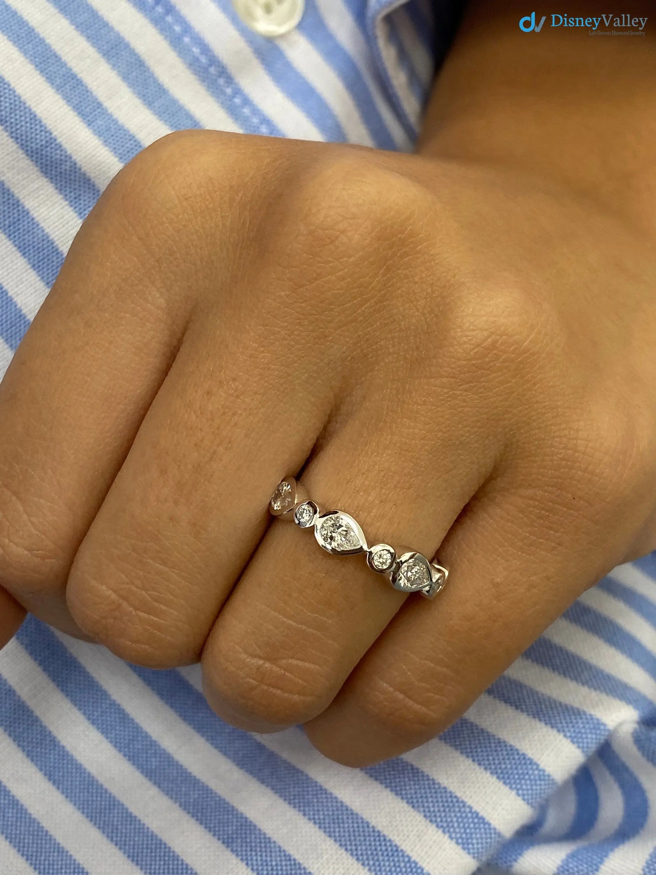 Solid White Gold Stackable Sparkling 0.79 Carat Pear and Round Cut Pave Set wedding ring - DisneyValley