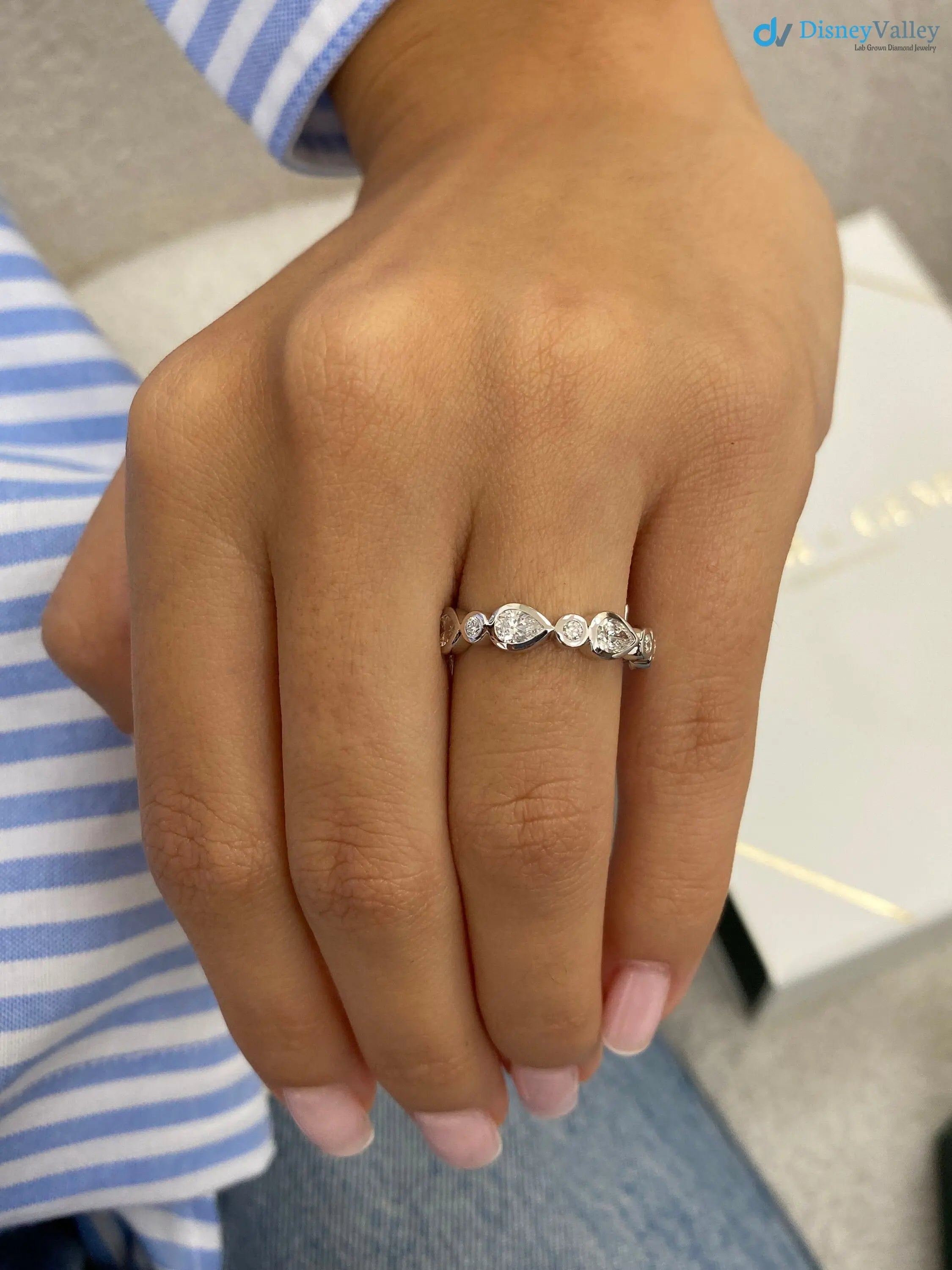 Solid White Gold Stackable Sparkling 0.79 Carat Pear and Round Cut Pave Set wedding ring - DisneyValley