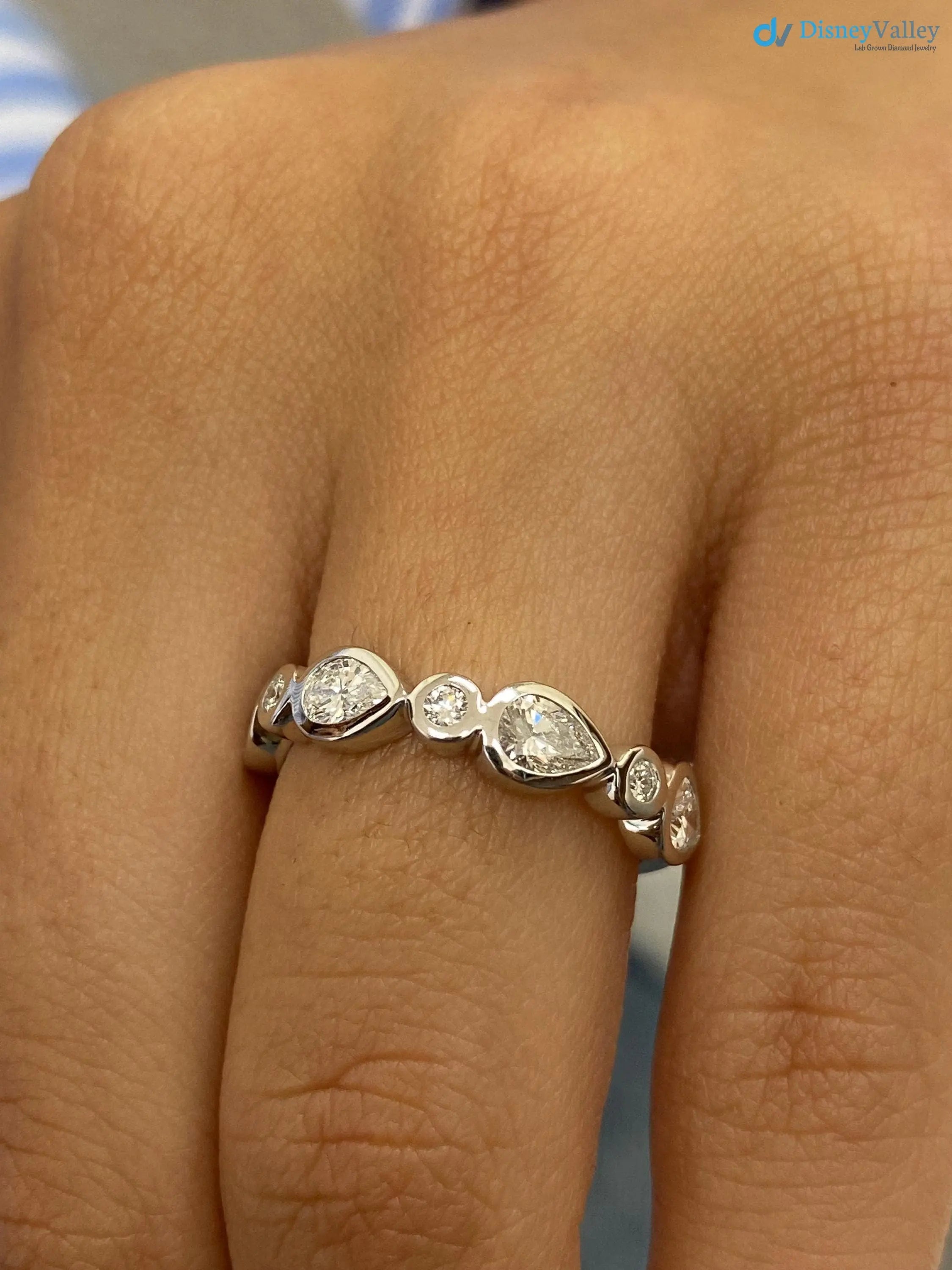 Solid White Gold Stackable Sparkling 0.79 Carat Pear and Round Cut Pave Set wedding ring - DisneyValley