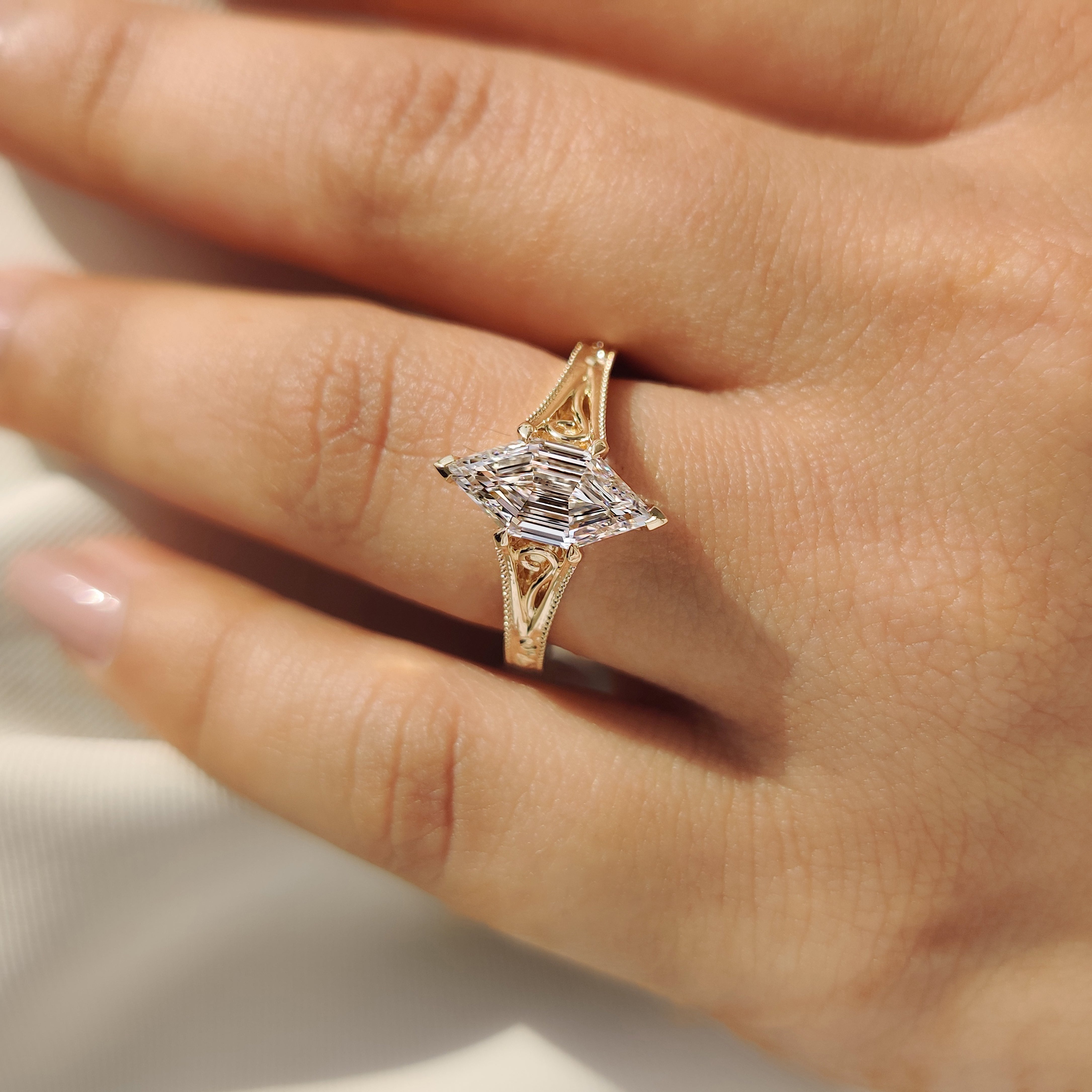 Hexagon Step Solitaire Diamond Ring In Milgrain Details Secondary image