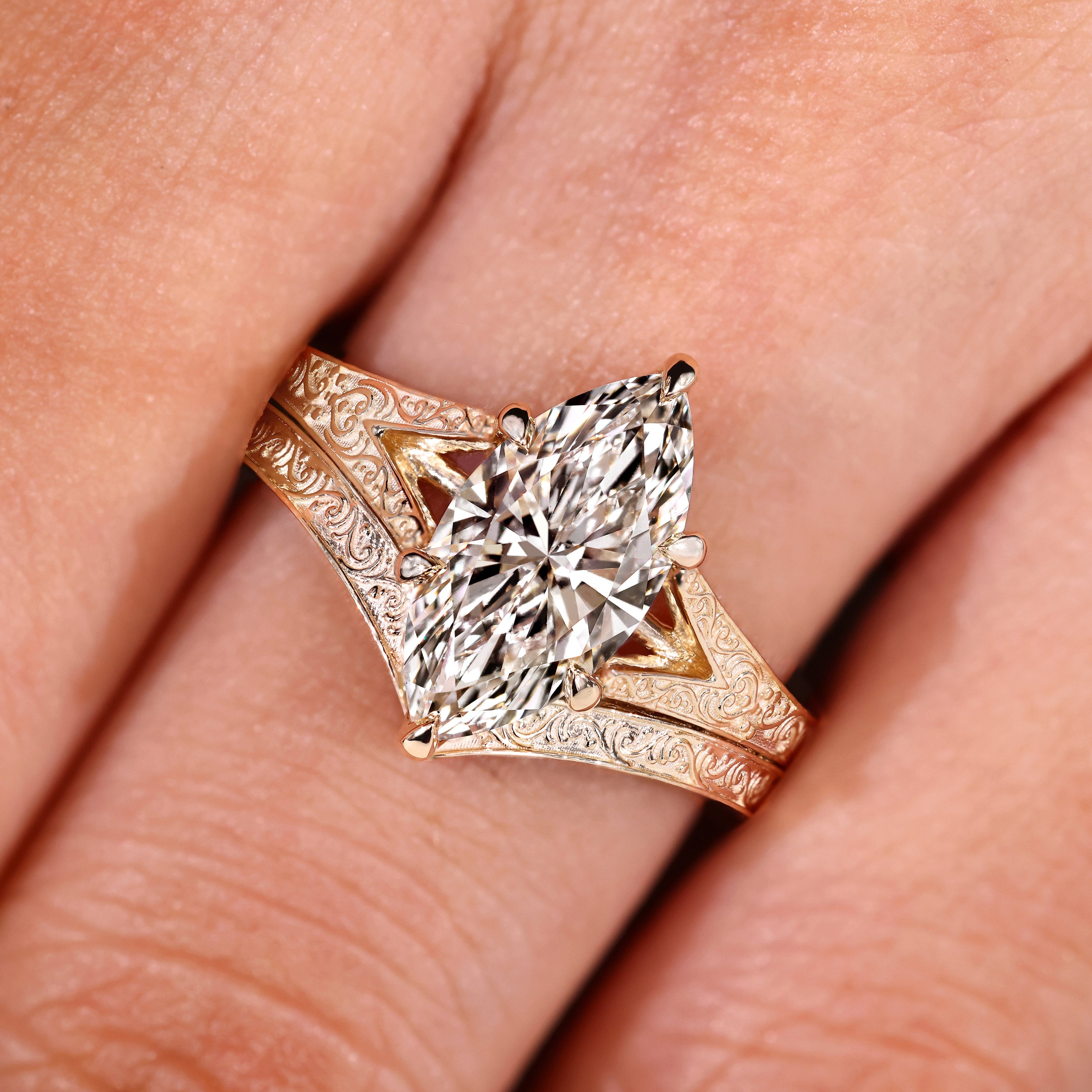 Vintage Marquise Engagement Ring Set with Curved Wedding Band