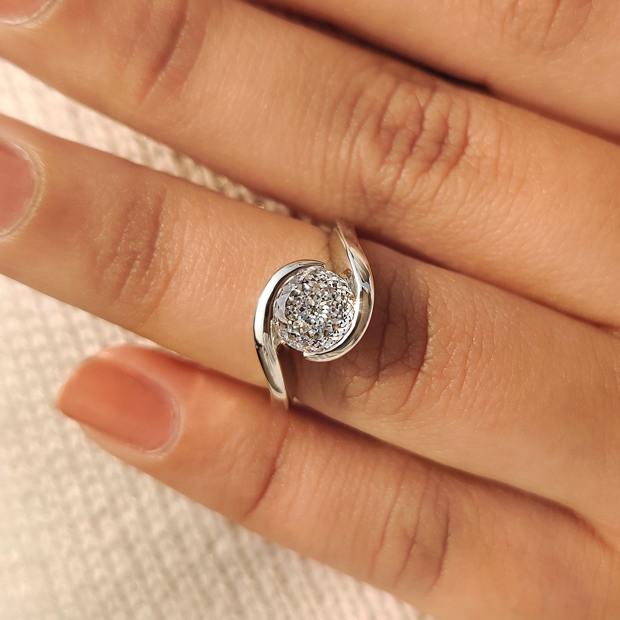 Solitaire Portuguese Cut Diamond Ring in Half Bezel