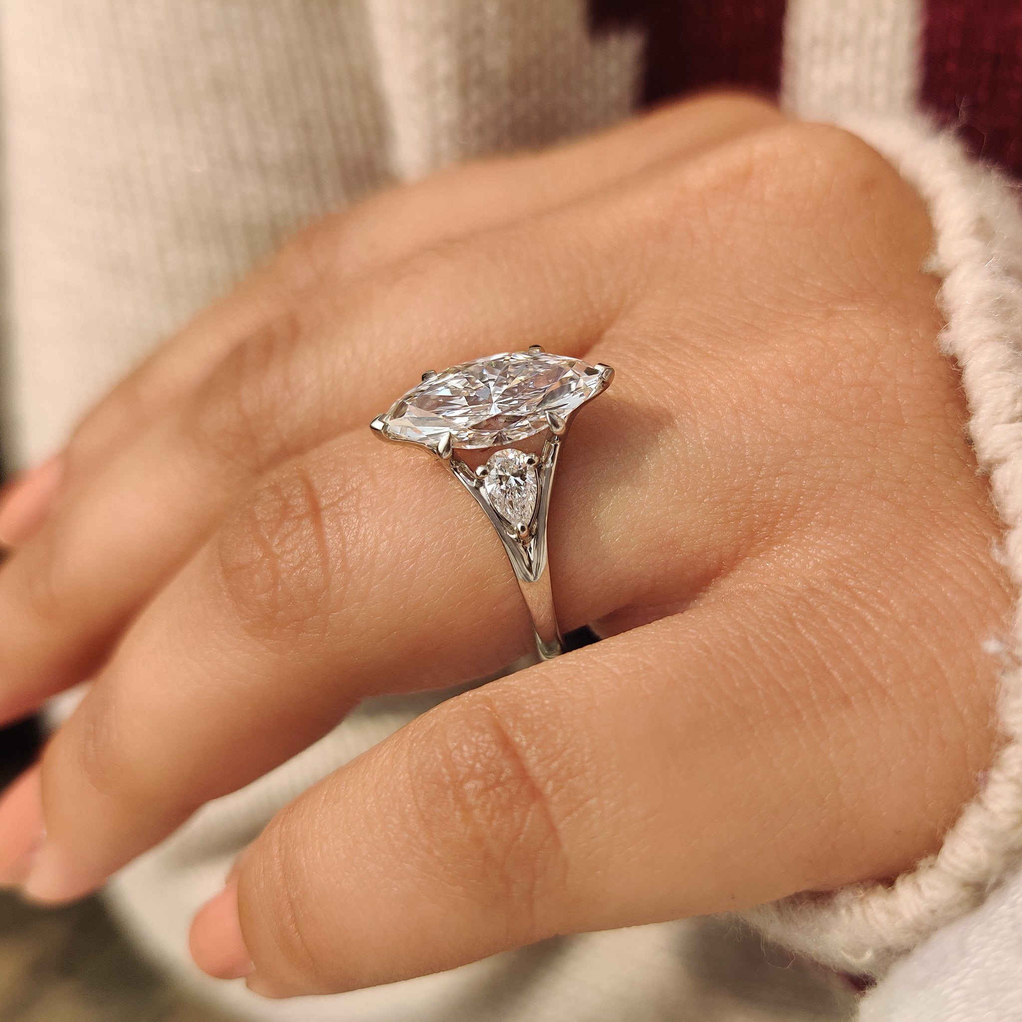 Three Stone Marquise Diamond Ring with Pear Side Diamond