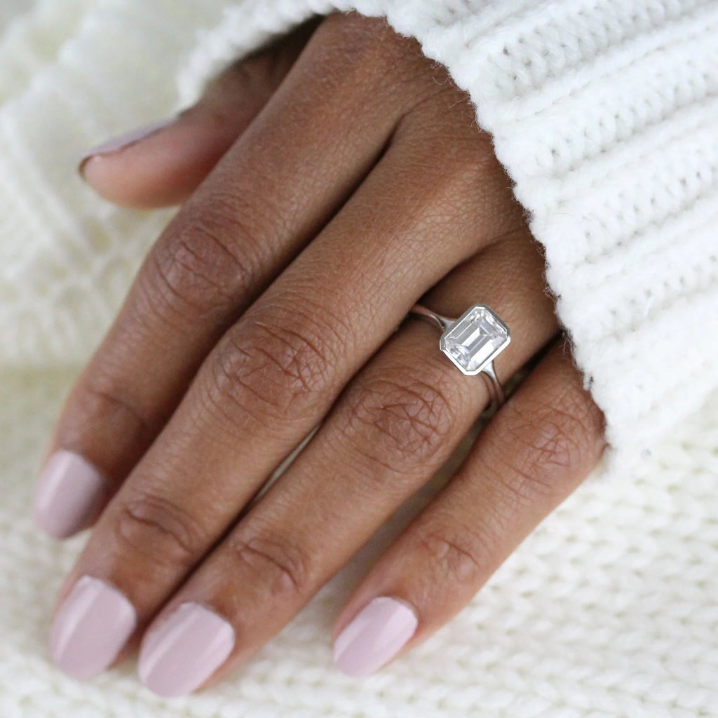 1.7 CT Emerald Cut Moissanite Bezel Solitaire Engagement Ring