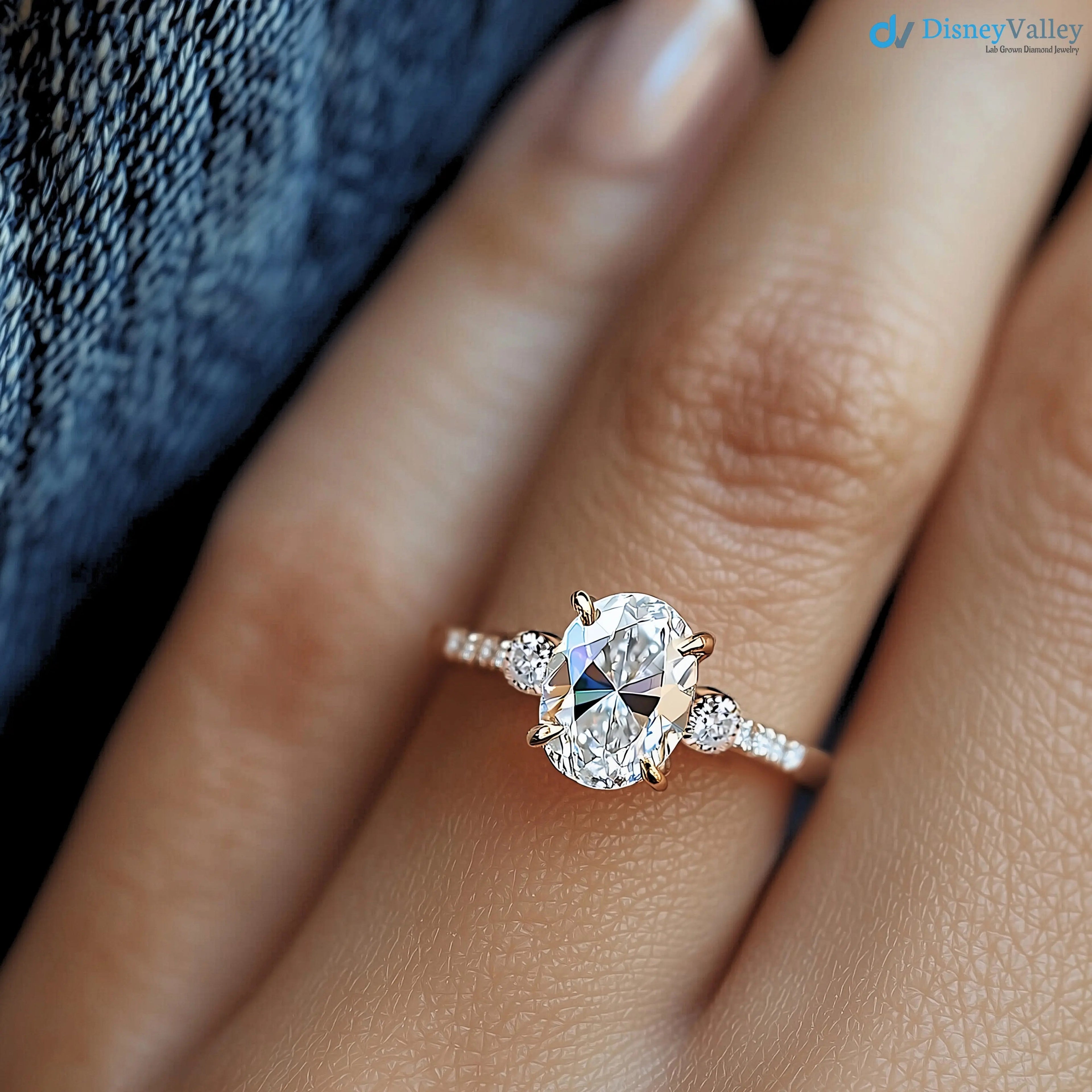 Stunning 2CT oval-cut lan grown three stone luxurious engagement ring - DisneyValley