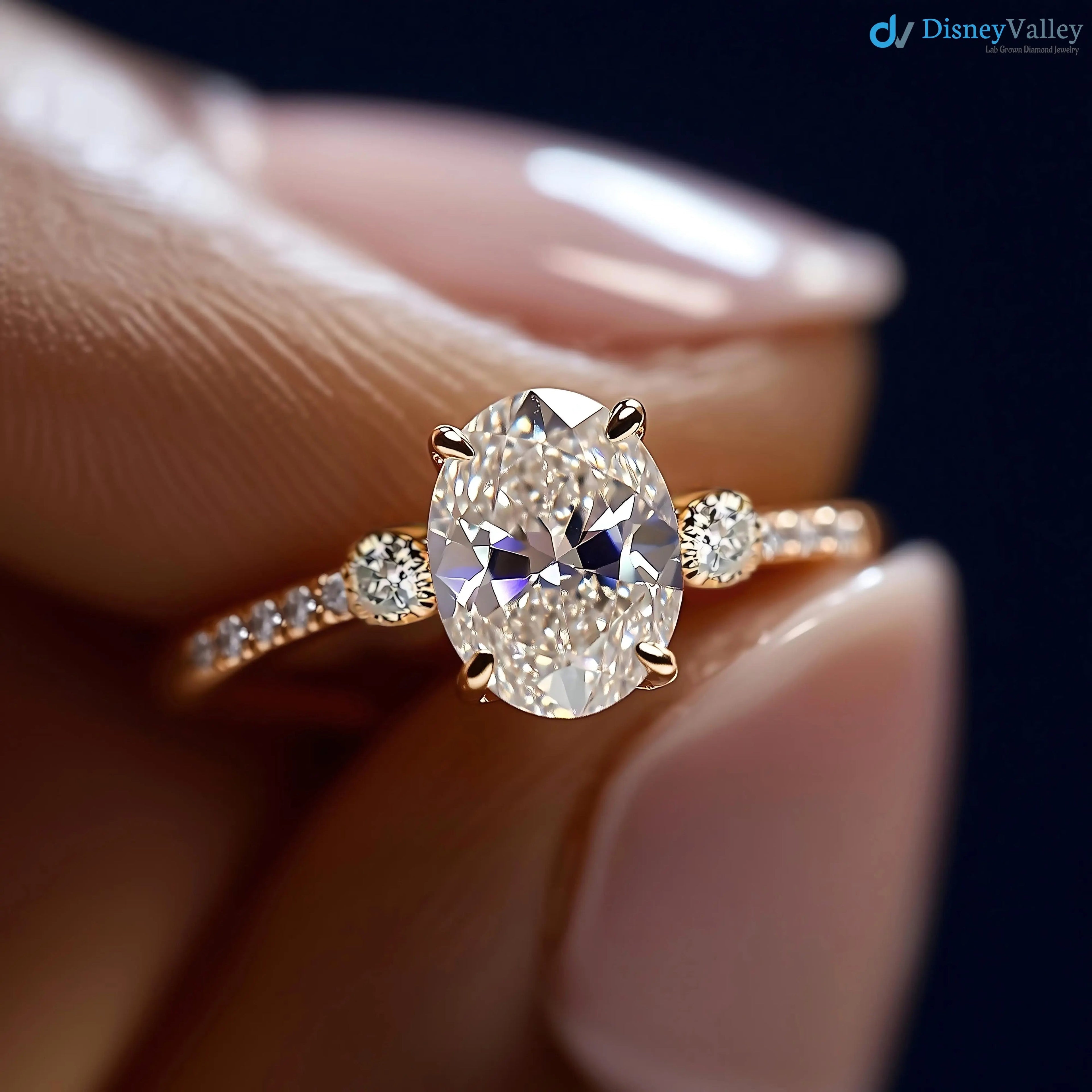 Stunning 2CT oval-cut lan grown three stone luxurious engagement ring - DisneyValley