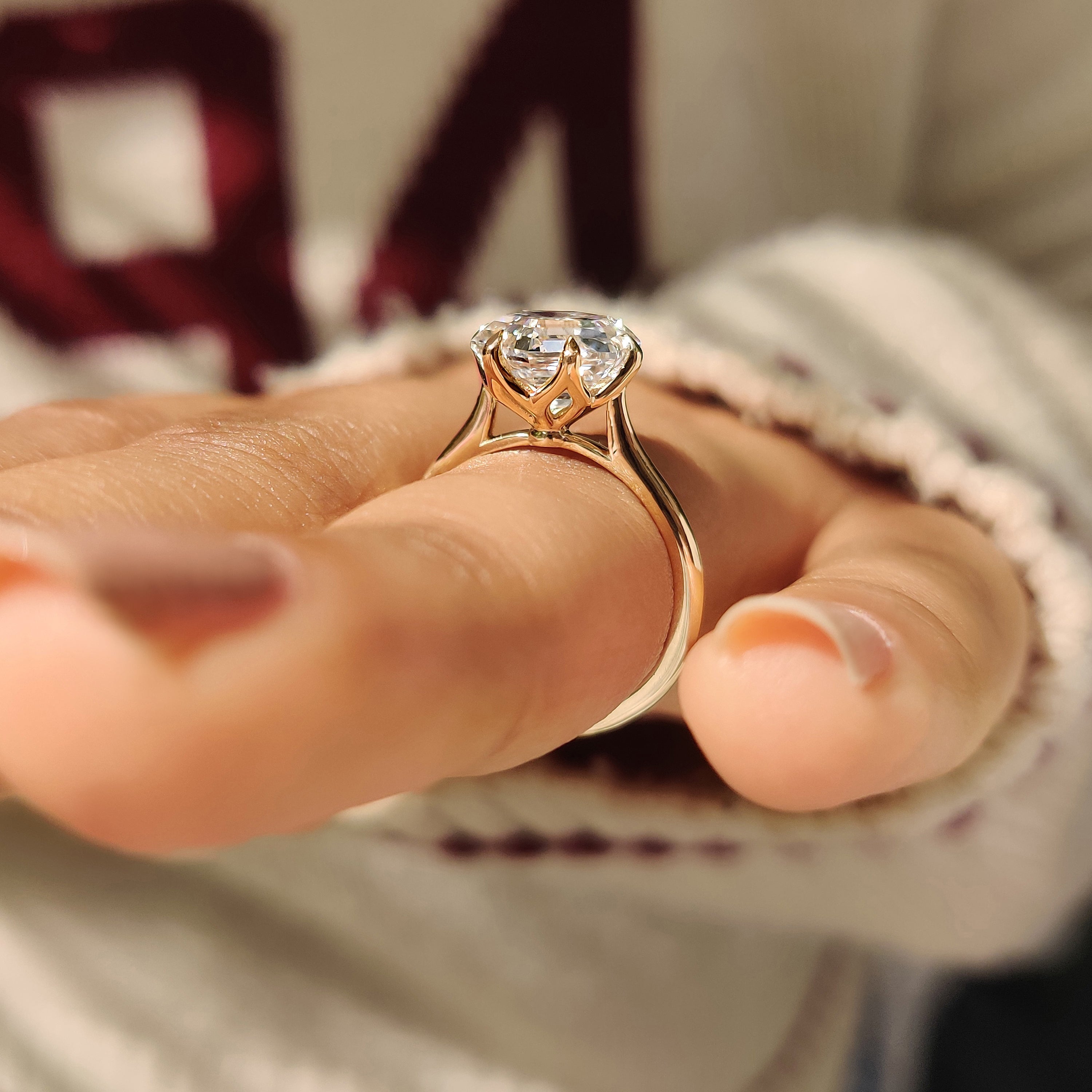 Hexagon Cut Diamond Solitaire Engagement Ring In Tulip Setting