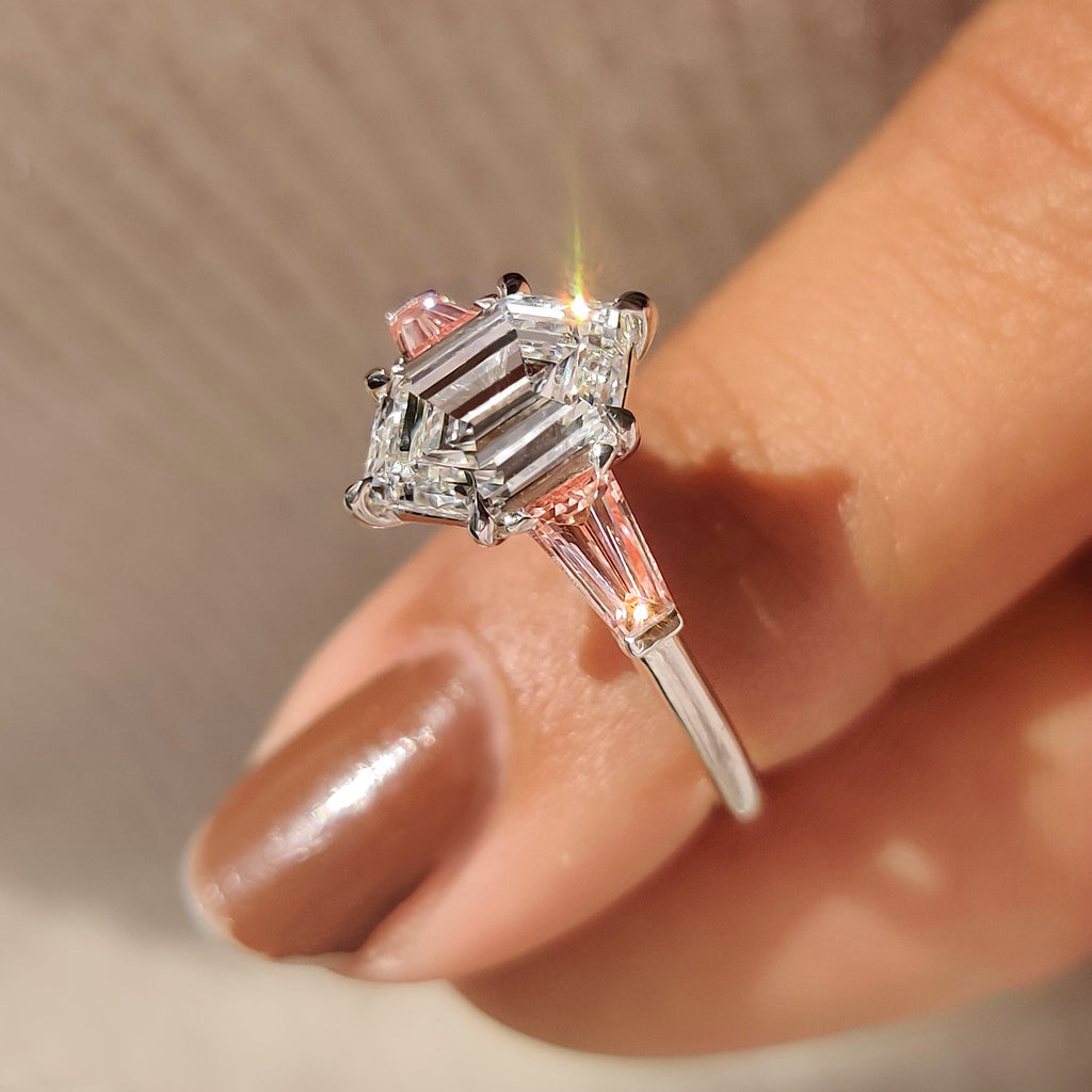 Hexagon Cut Three Stone Engagement Ring with Pink Side Stone