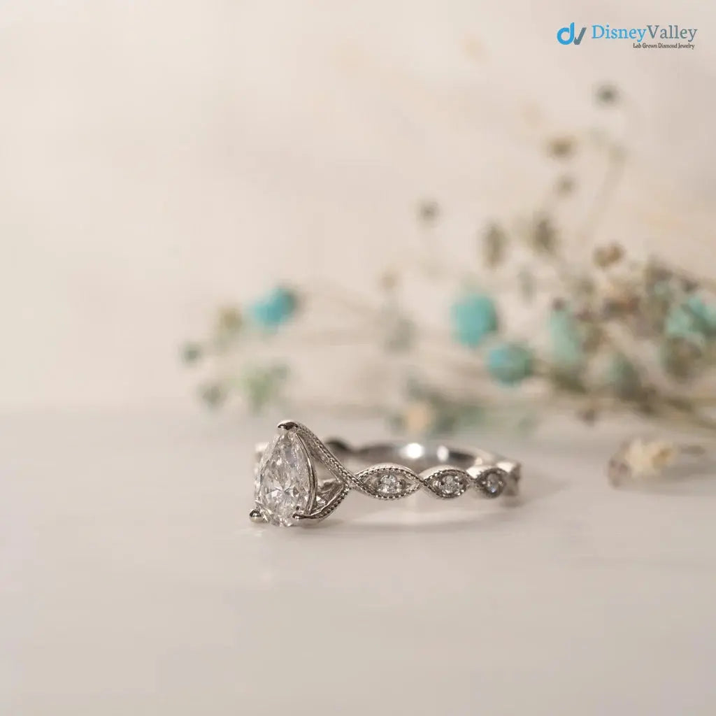 The Marcia Ring Lab grown Diamond Pear Cut Shoulder Set Engagement ring DisneyValley