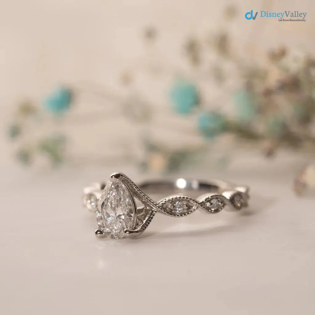 The Marcia Ring Lab grown Diamond Pear Cut Shoulder Set Engagement ring DisneyValley