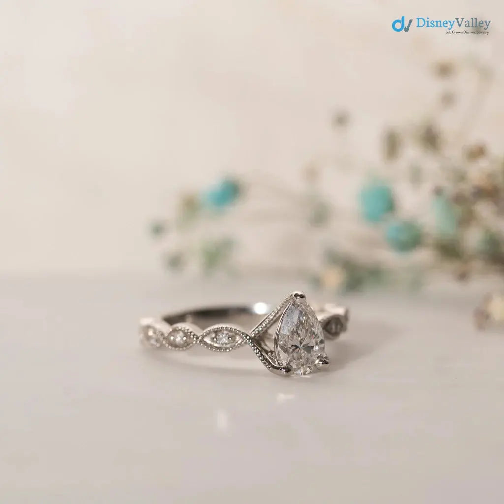 The Marcia Ring Lab grown Diamond Pear Cut Shoulder Set Engagement ring DisneyValley