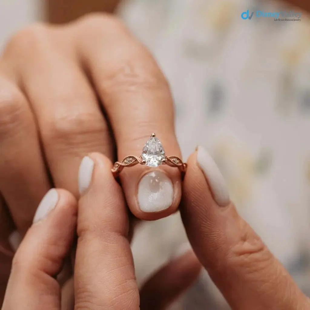 The Marcia Ring Lab grown Diamond Pear Cut Shoulder Set Engagement ring DisneyValley