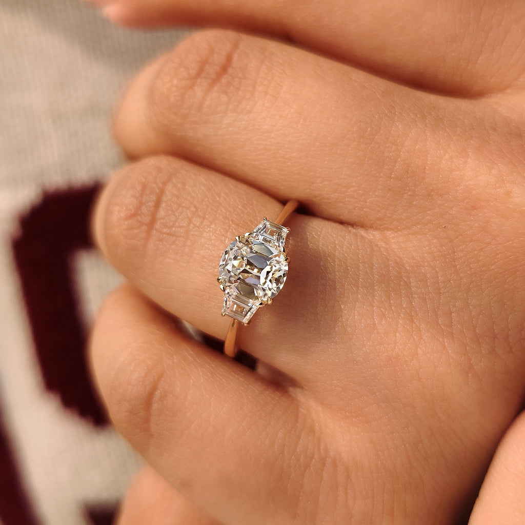 Old Mine Cushion Cut Diamond Ring with Trapezoid Side Stones