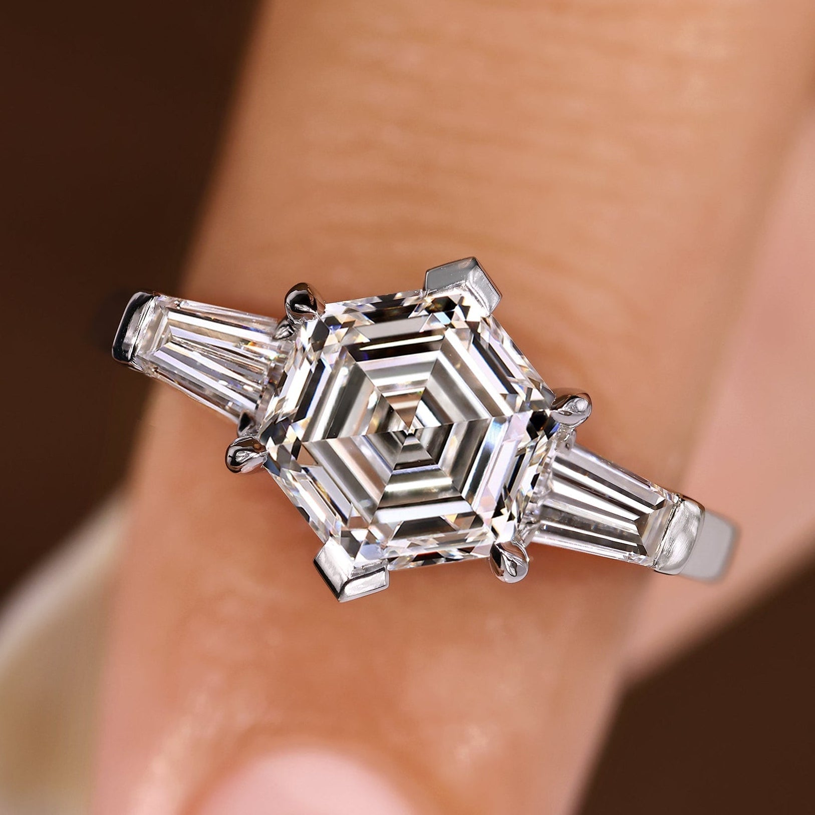 Hexagon and Tapered Baguette Cut Three Diamond Ring Main image