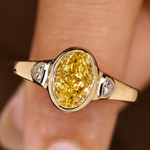 Three Stone Yellow Oval Cut Engagement Ring With Trillion Side Stone