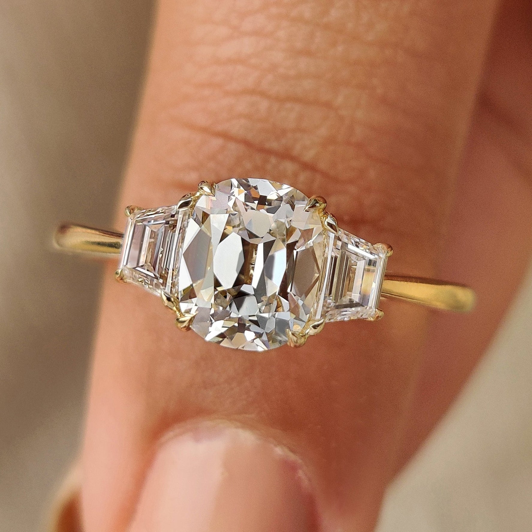 Old Mine Cushion Cut Diamond Ring with Trapezoid Side Stones Main image