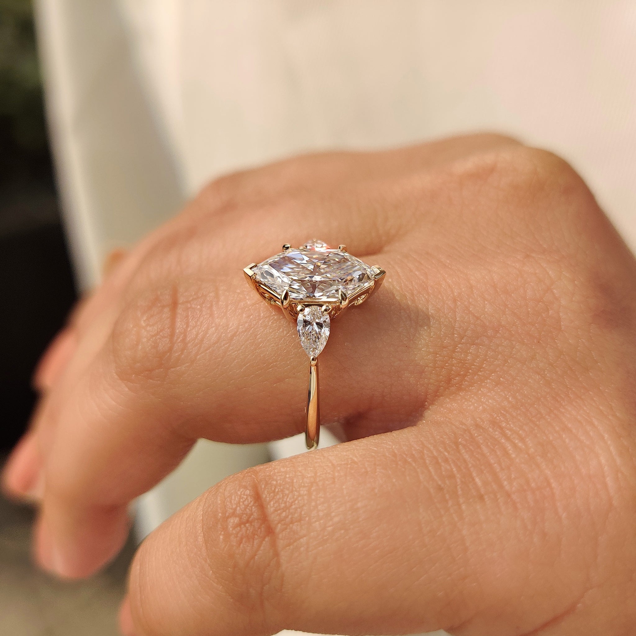 Dutch Marquise Three Stone Engagement Ring in Tapered Shank