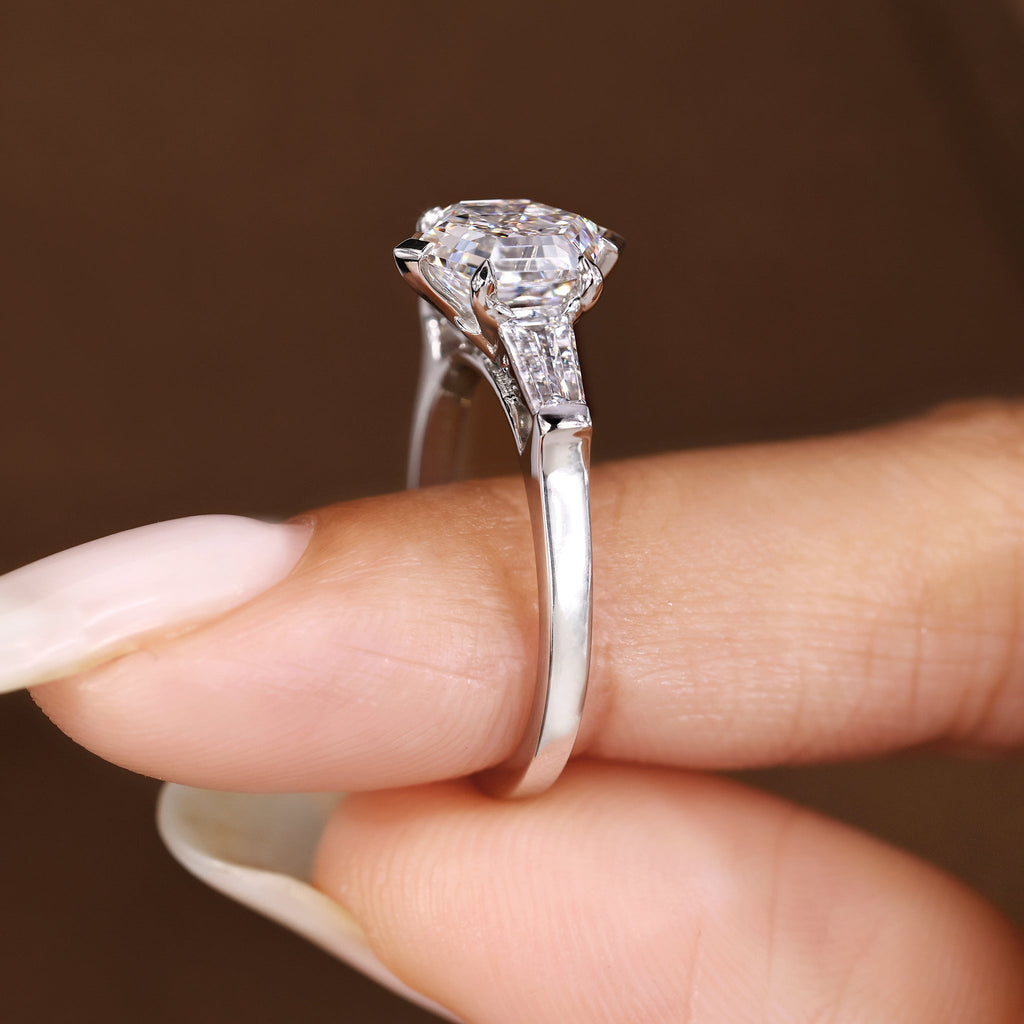 Hexagon and Tapered Baguette Cut Three Diamond Ring