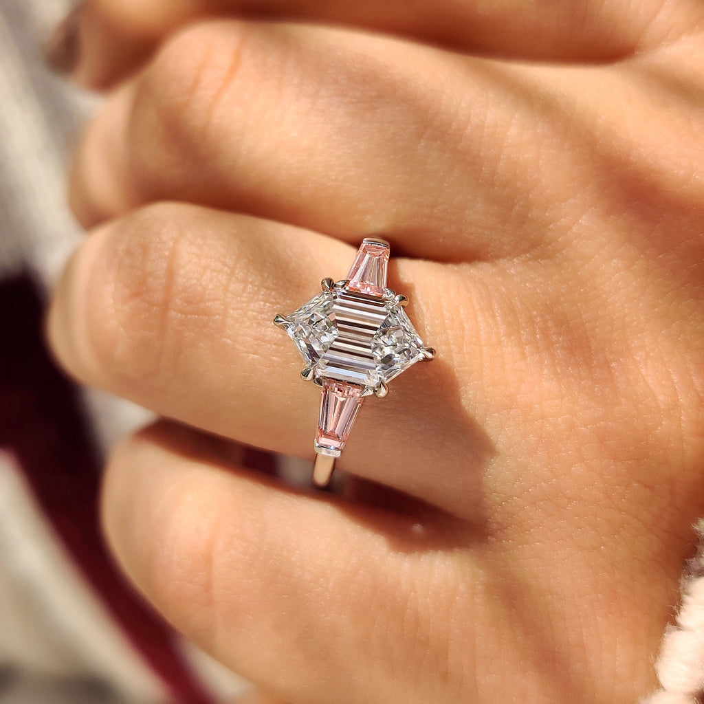 Hexagon Cut Three Stone Engagement Ring with Pink Side Stone