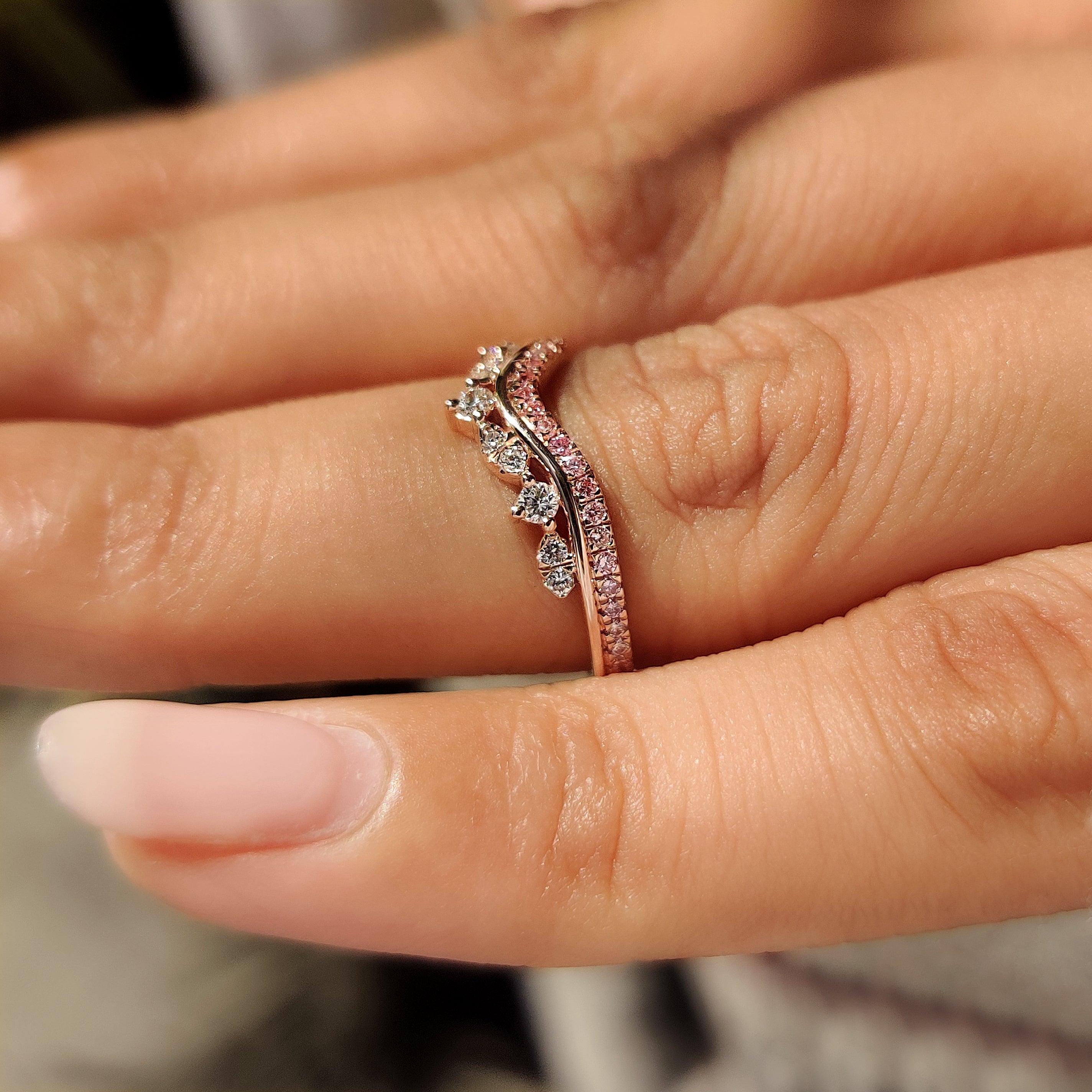 Pink Round Diamond Tiara Wedding Band In 3/4 Eternity Style