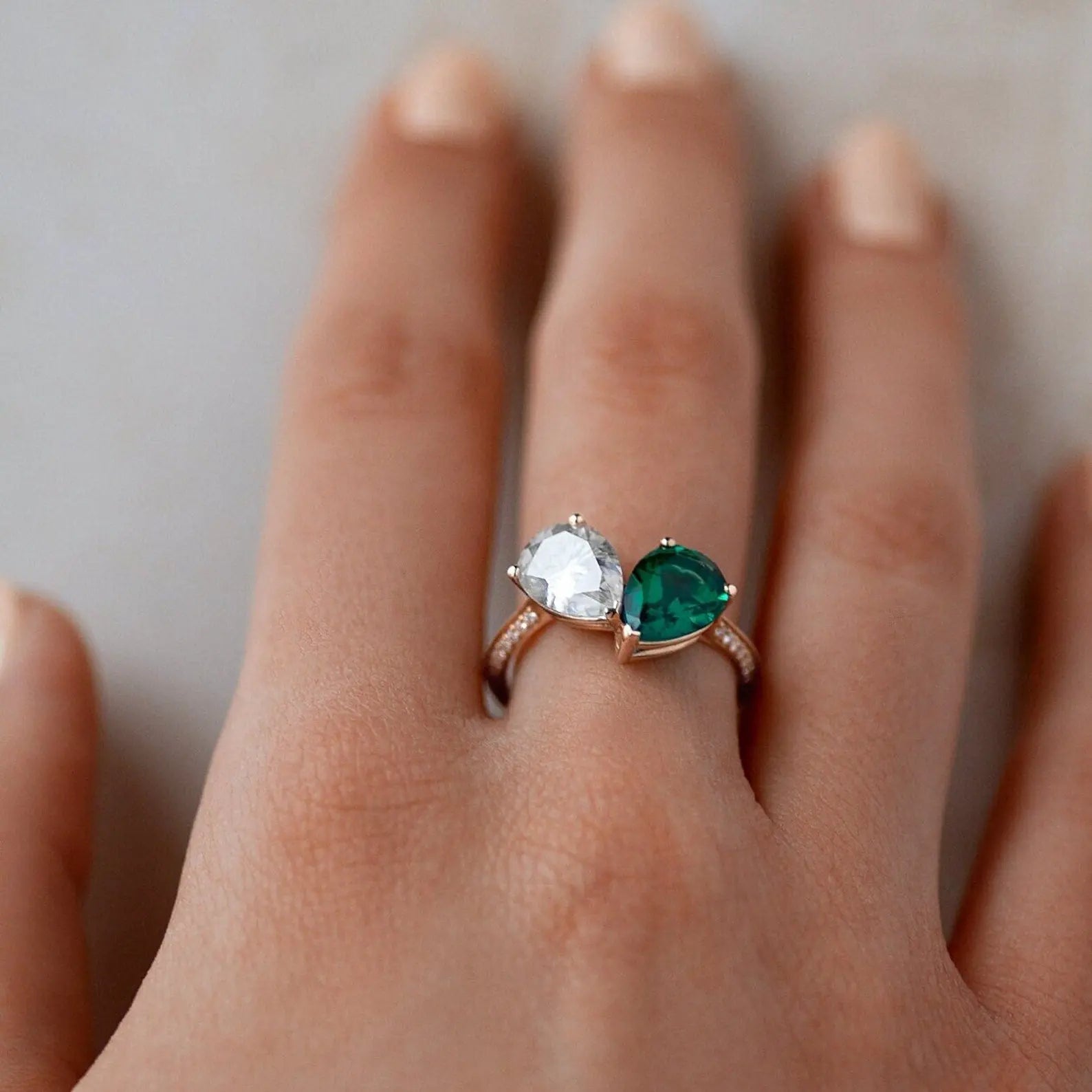Toi Et Moi pear 2 Gem Emerald and Lab Grown Diamond Engagement Ring - DisneyValley