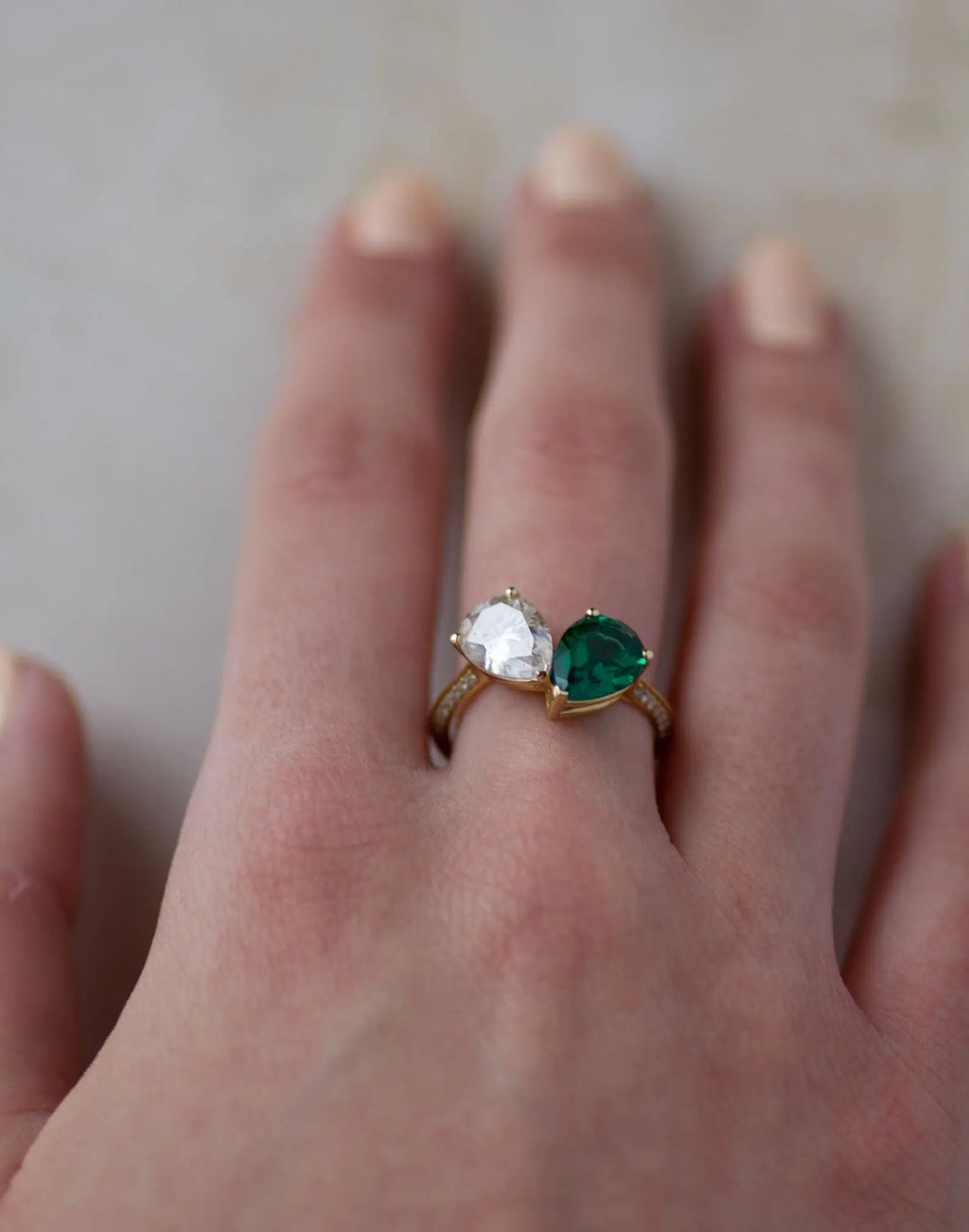 Toi Et Moi pear 2 Gem Emerald and Lab Grown Diamond Engagement Ring - DisneyValley