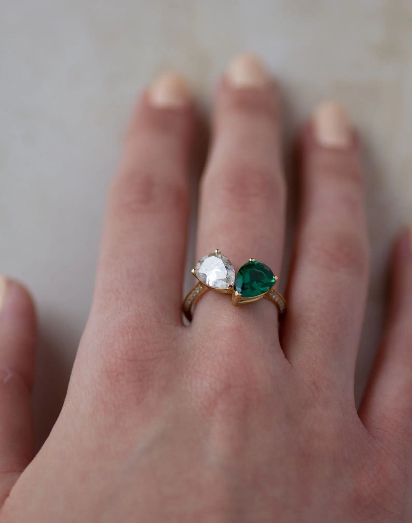 Toi Et Moi pear 2 Gem Emerald and Lab Grown Diamond Engagement Ring - DisneyValley