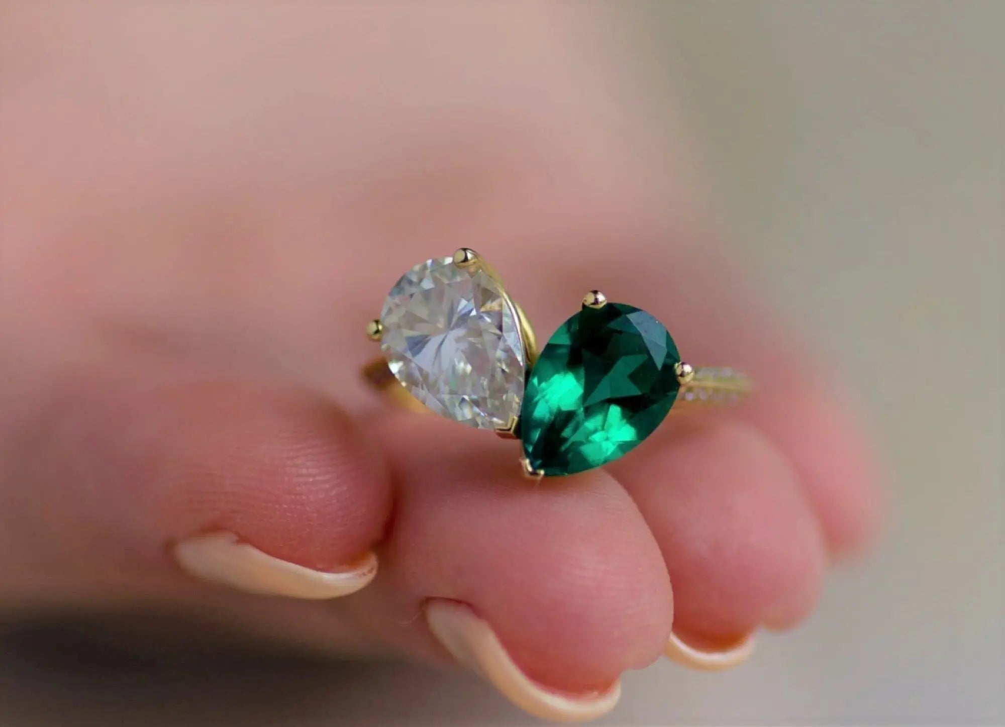 Toi Et Moi pear 2 Gem Emerald and Lab Grown Diamond Engagement Ring - DisneyValley