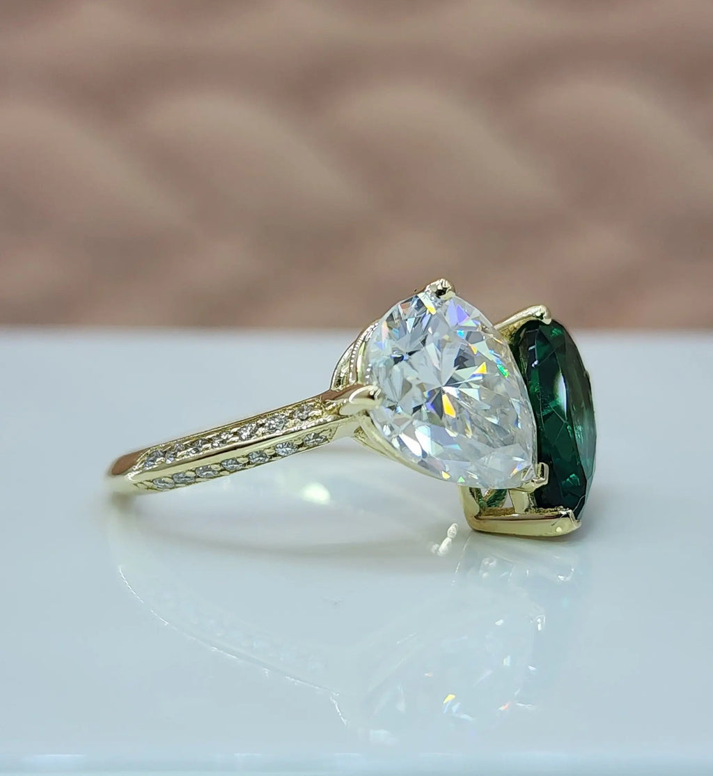Toi Et Moi pear 2 Gem Emerald and Lab Grown Diamond Engagement Ring - DisneyValley