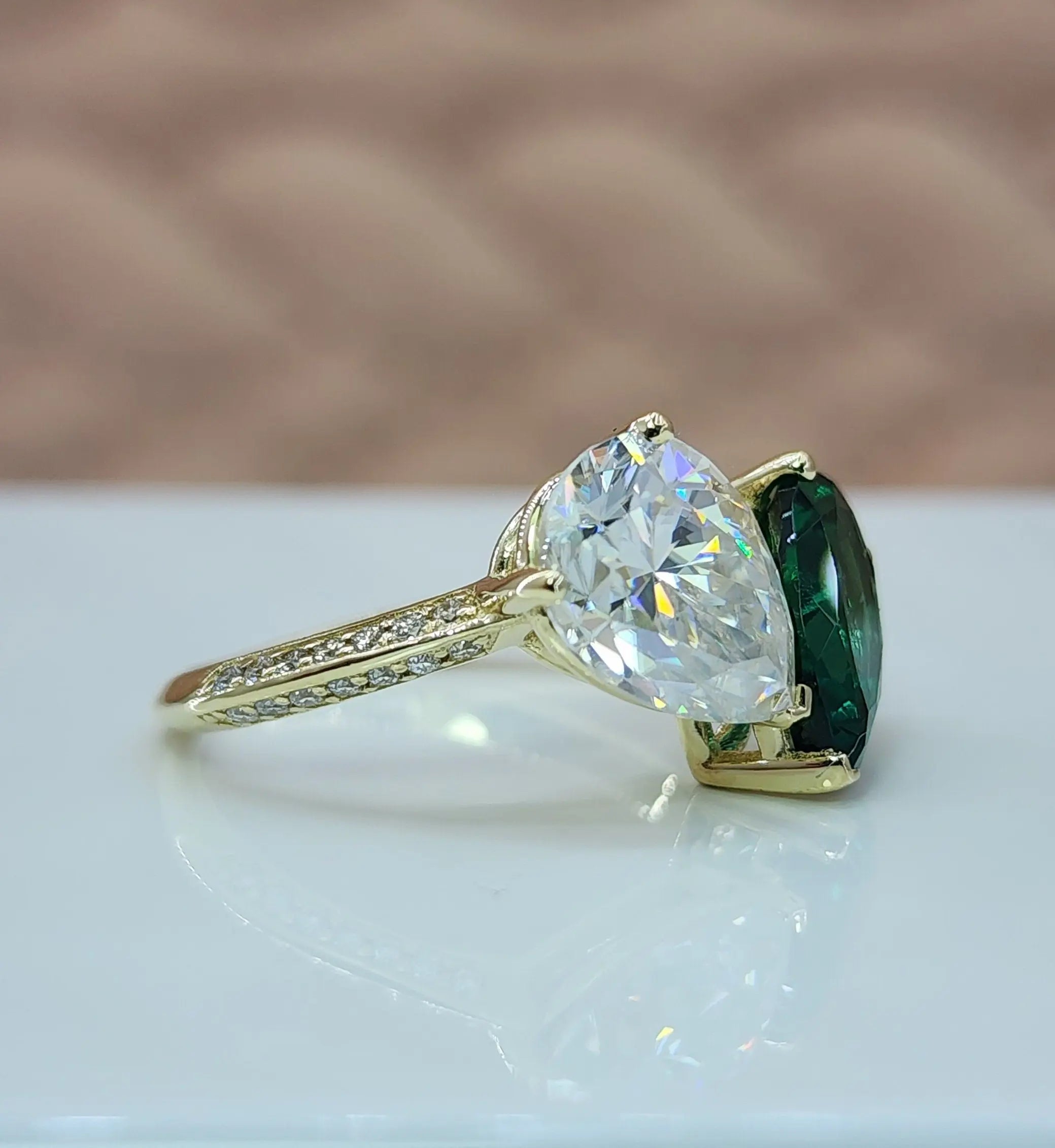 Toi Et Moi pear 2 Gem Emerald and Lab Grown Diamond Engagement Ring - DisneyValley