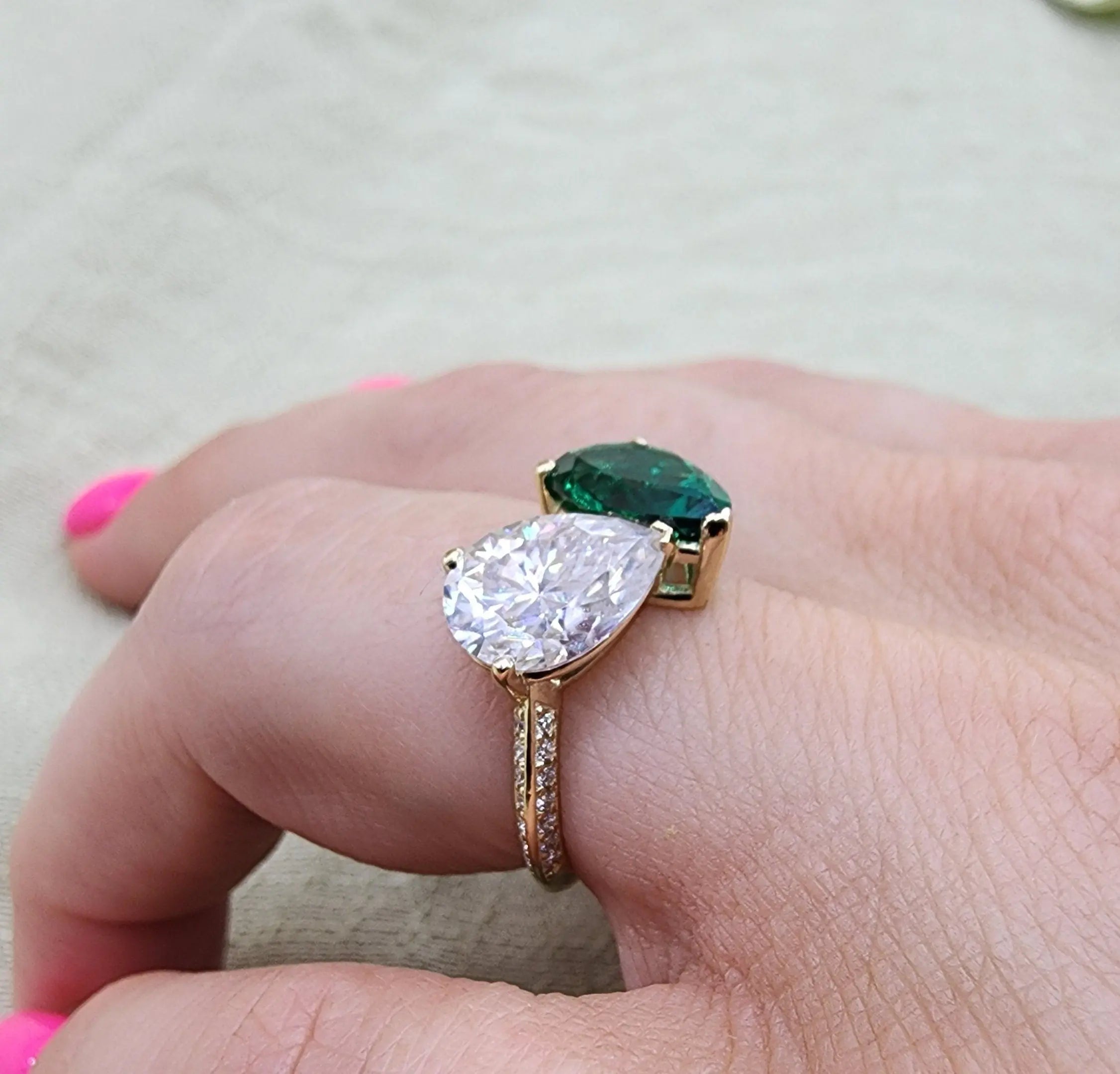 Toi Et Moi pear 2 Gem Emerald and Lab Grown Diamond Engagement Ring - DisneyValley