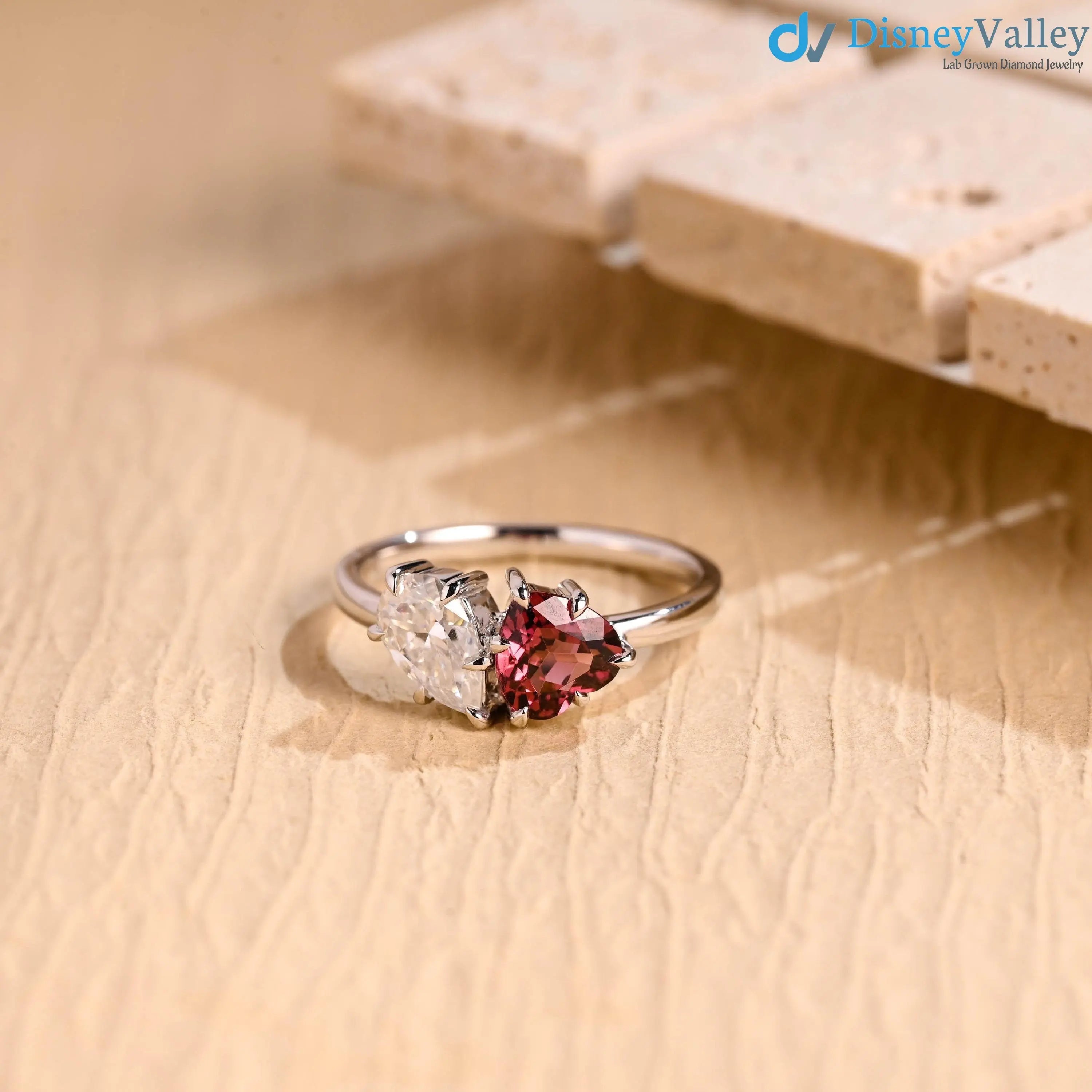 Toi et Moi Solid Gold Pear & Heart Cut Lab Grown Engagement Ring DisneyValley