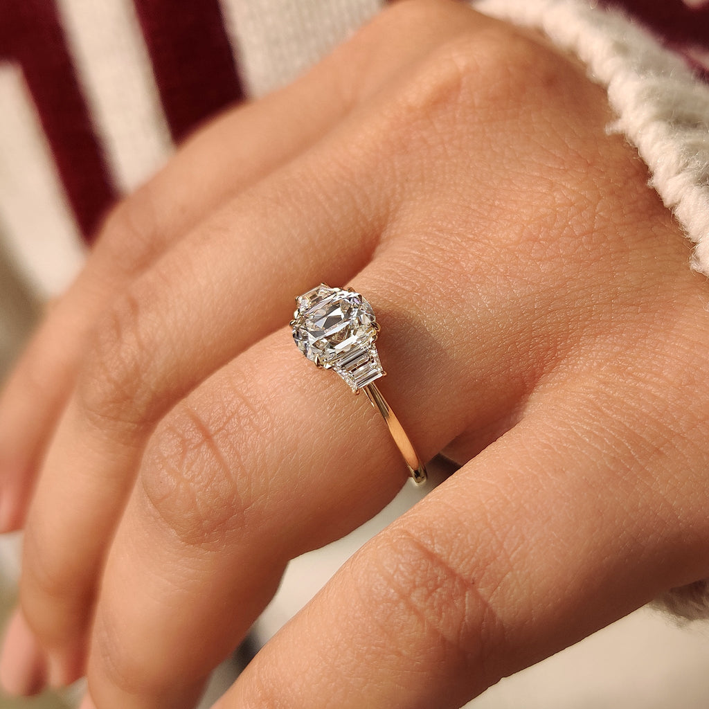 Old Mine Cushion Cut Diamond Ring with Trapezoid Side Stones