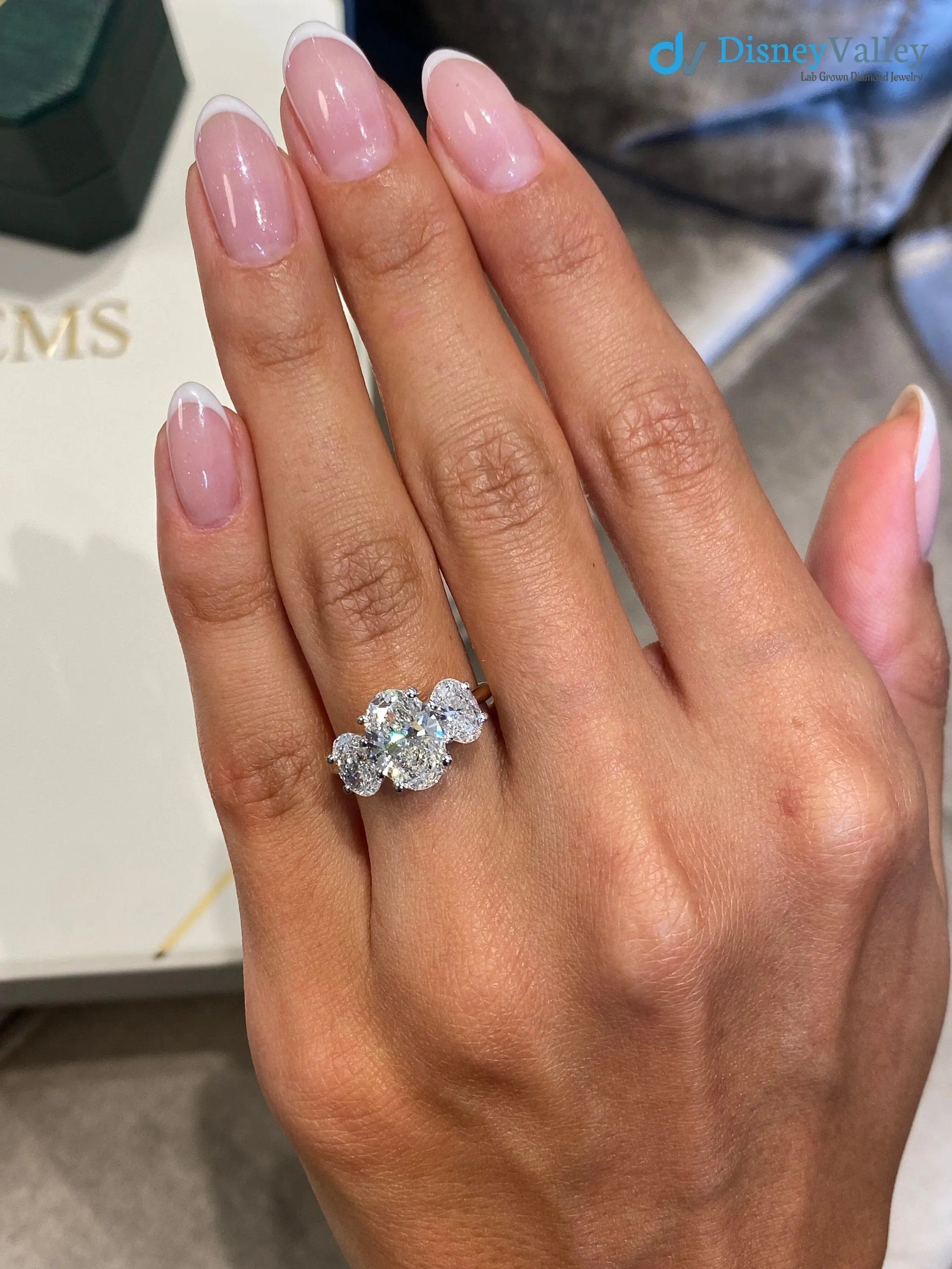 Tri Stone 3.0 Ct IGI Certified E/VS1 Oval Cut Lab Grown Diamond Engagement Ring - DisneyValley
