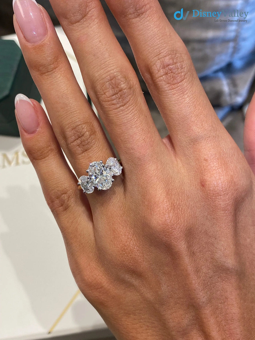 Tri Stone 3.0 Ct IGI Certified E/VS1 Oval Cut Lab Grown Diamond Engagement Ring - DisneyValley