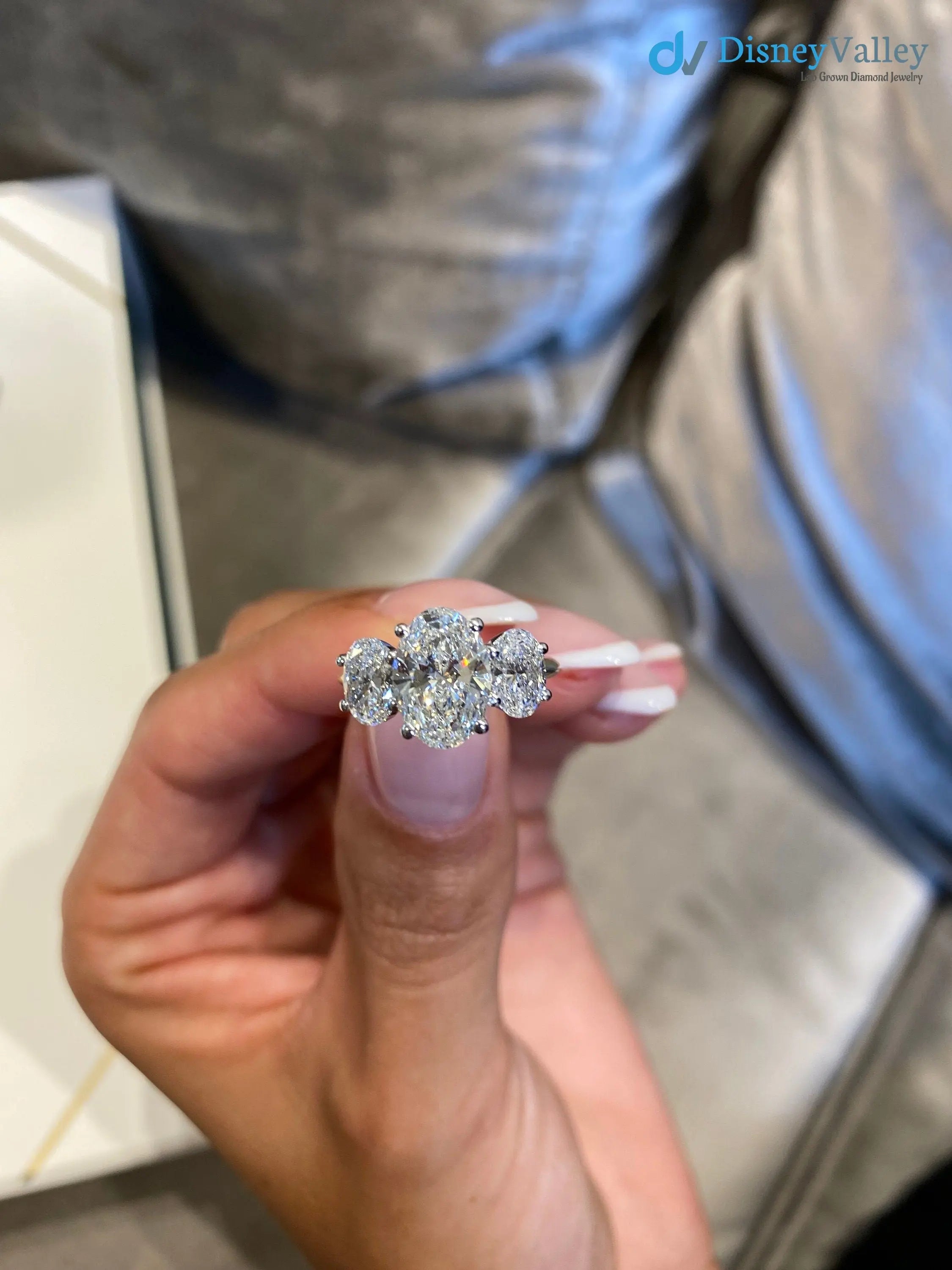 Tri Stone 3.0 Ct IGI Certified E/VS1 Oval Cut Lab Grown Diamond Engagement Ring - DisneyValley